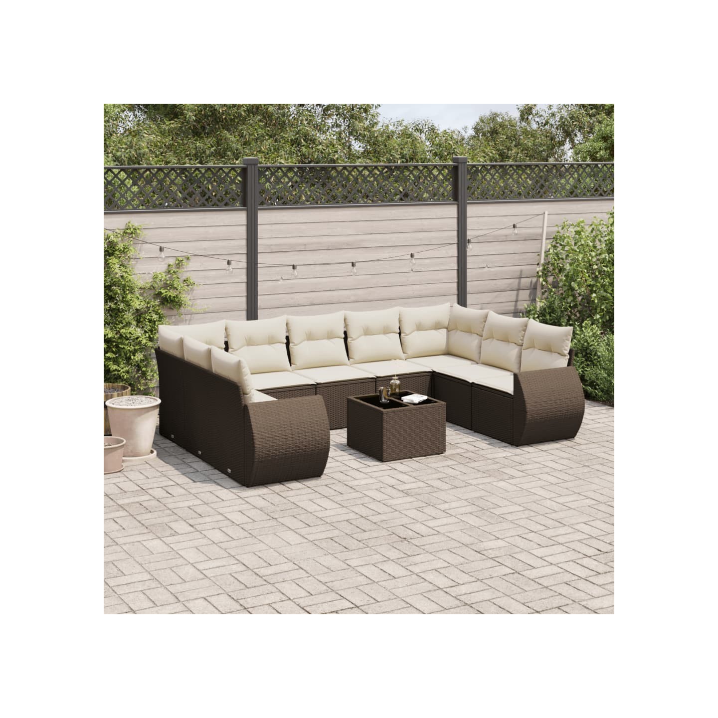 Salon de jardin 10 pcs avec coussins marron résine tressée