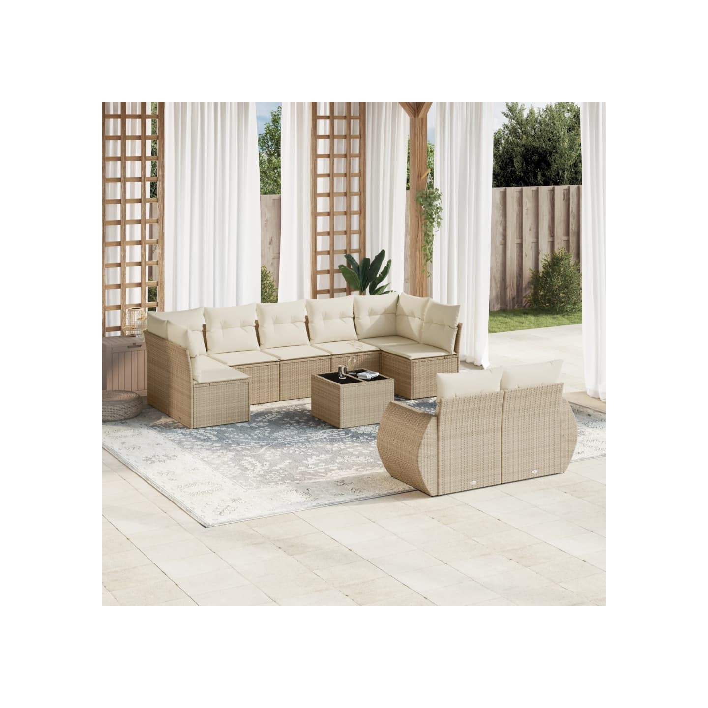 Salon de jardin avec coussins 10 pcs beige résine tressée