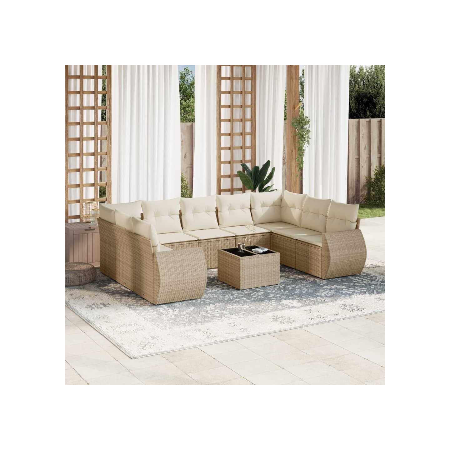 Salon de jardin avec coussins 10 pcs beige résine tressée