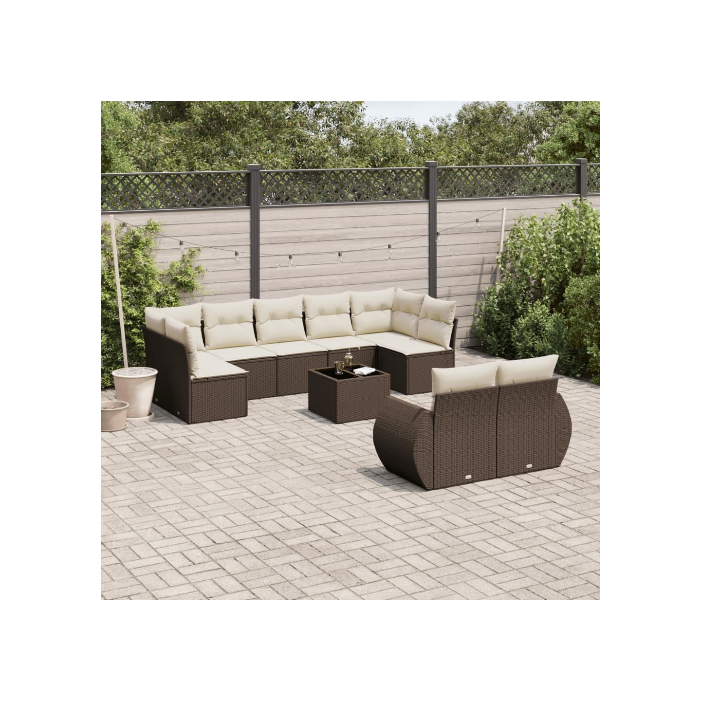 Salon de jardin 10 pcs avec coussins marron résine tressée