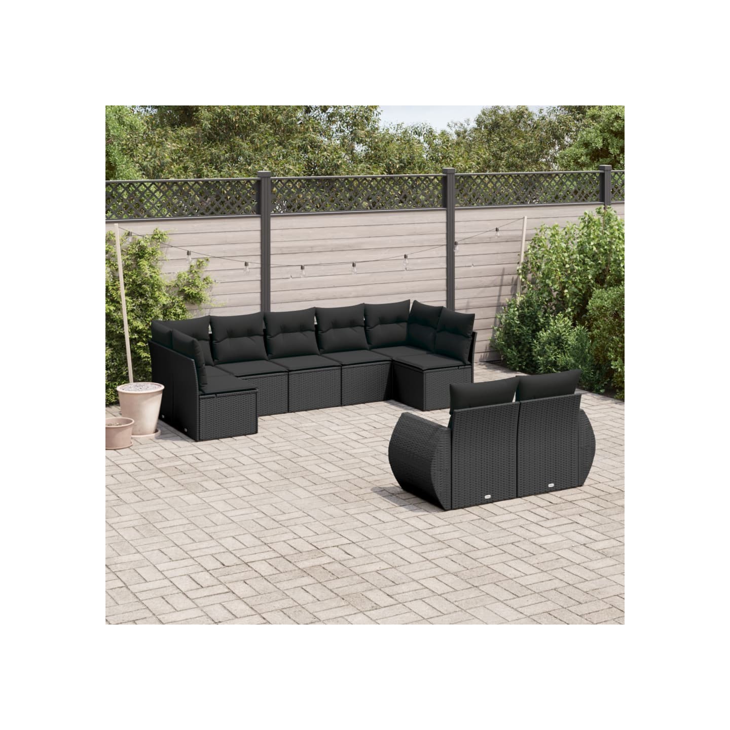 Salon de jardin 9 pcs avec coussins noir résine tressée