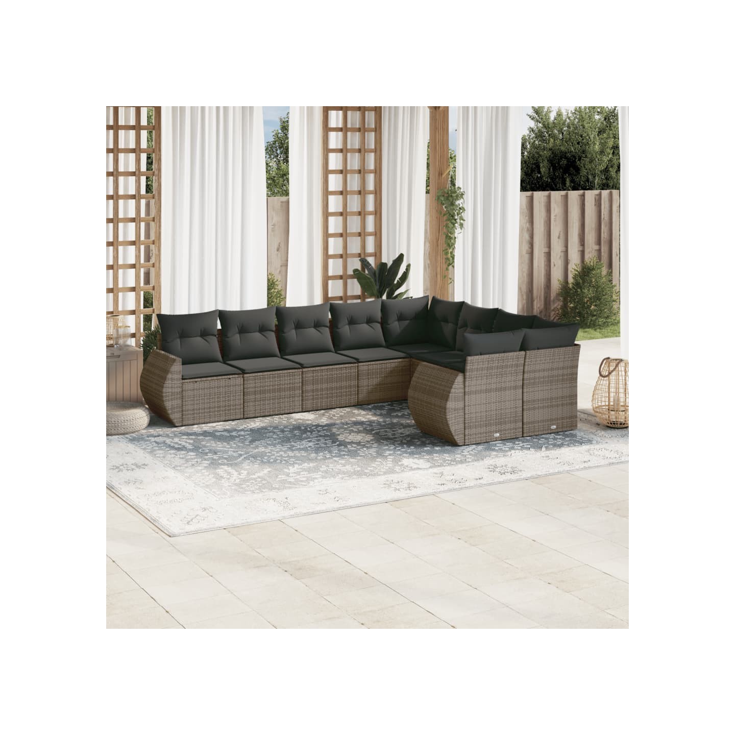 Salon de jardin 9 pcs avec coussins gris résine tressée