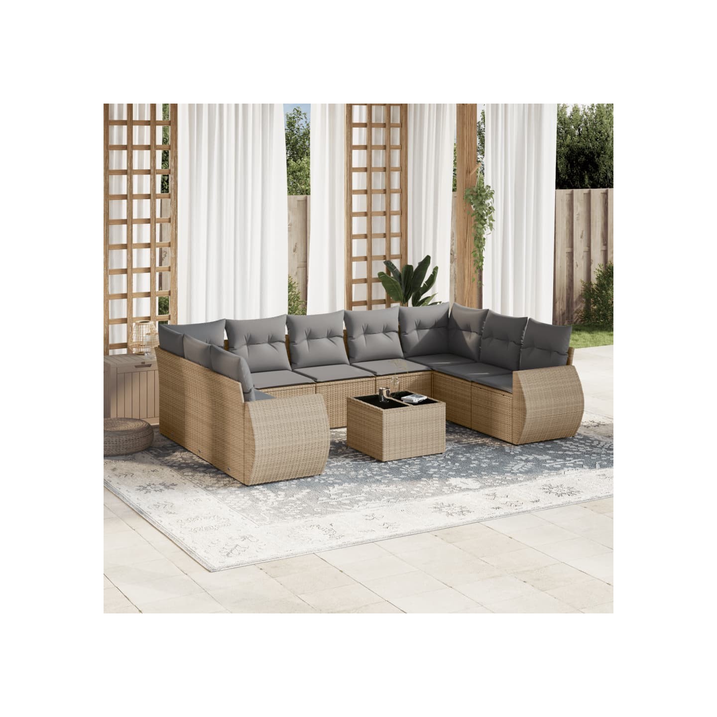 Salon de jardin avec coussins 10 pcs beige résine tressée