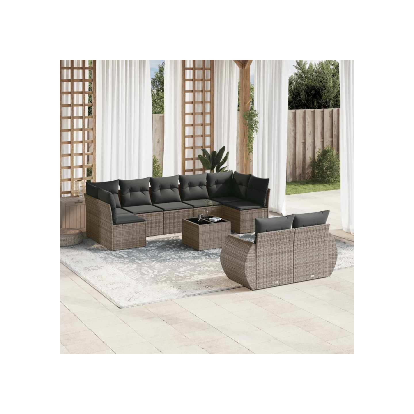 Salon de jardin avec coussins 10 pcs gris résine tressée