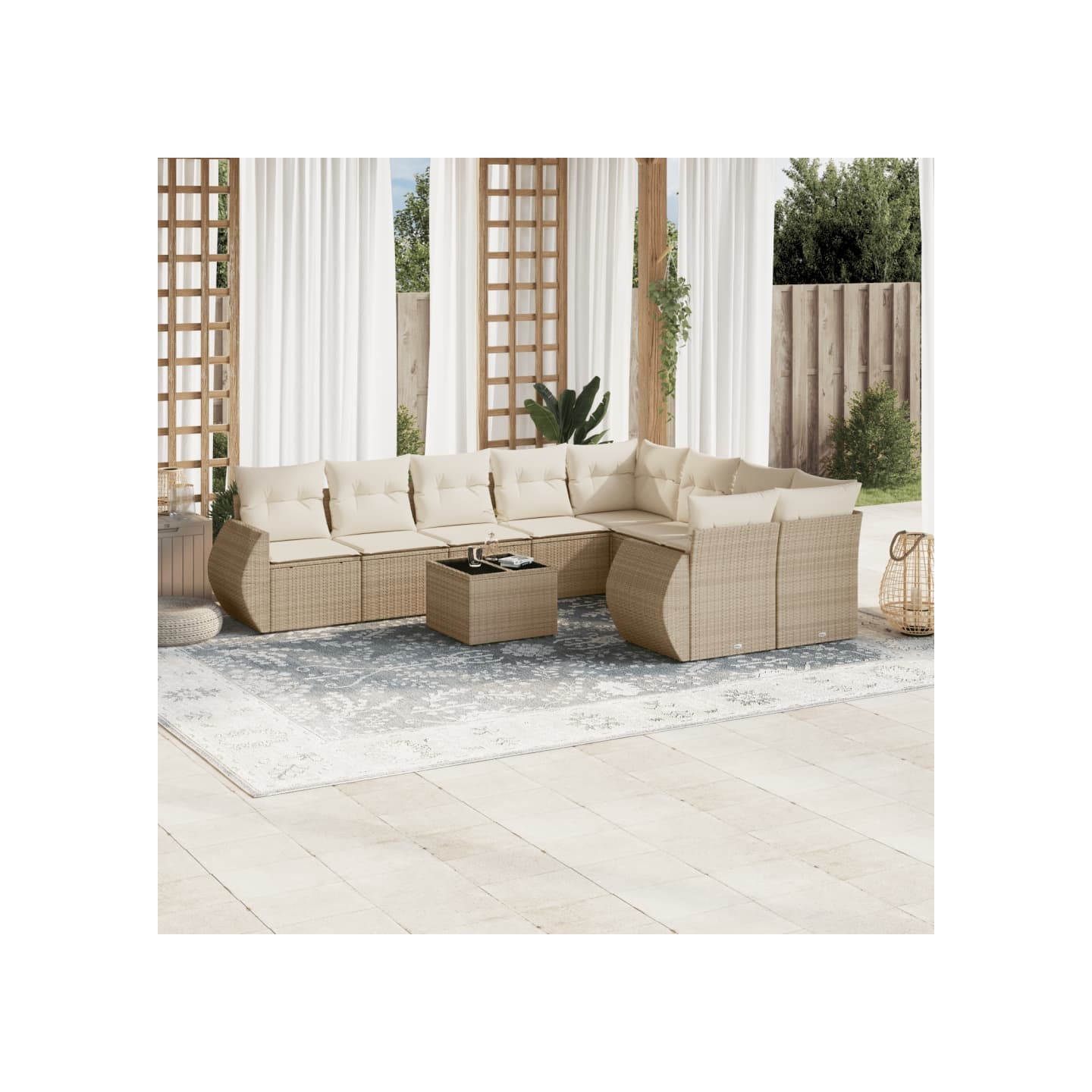 Salon de jardin avec coussins 10 pcs beige résine tressée