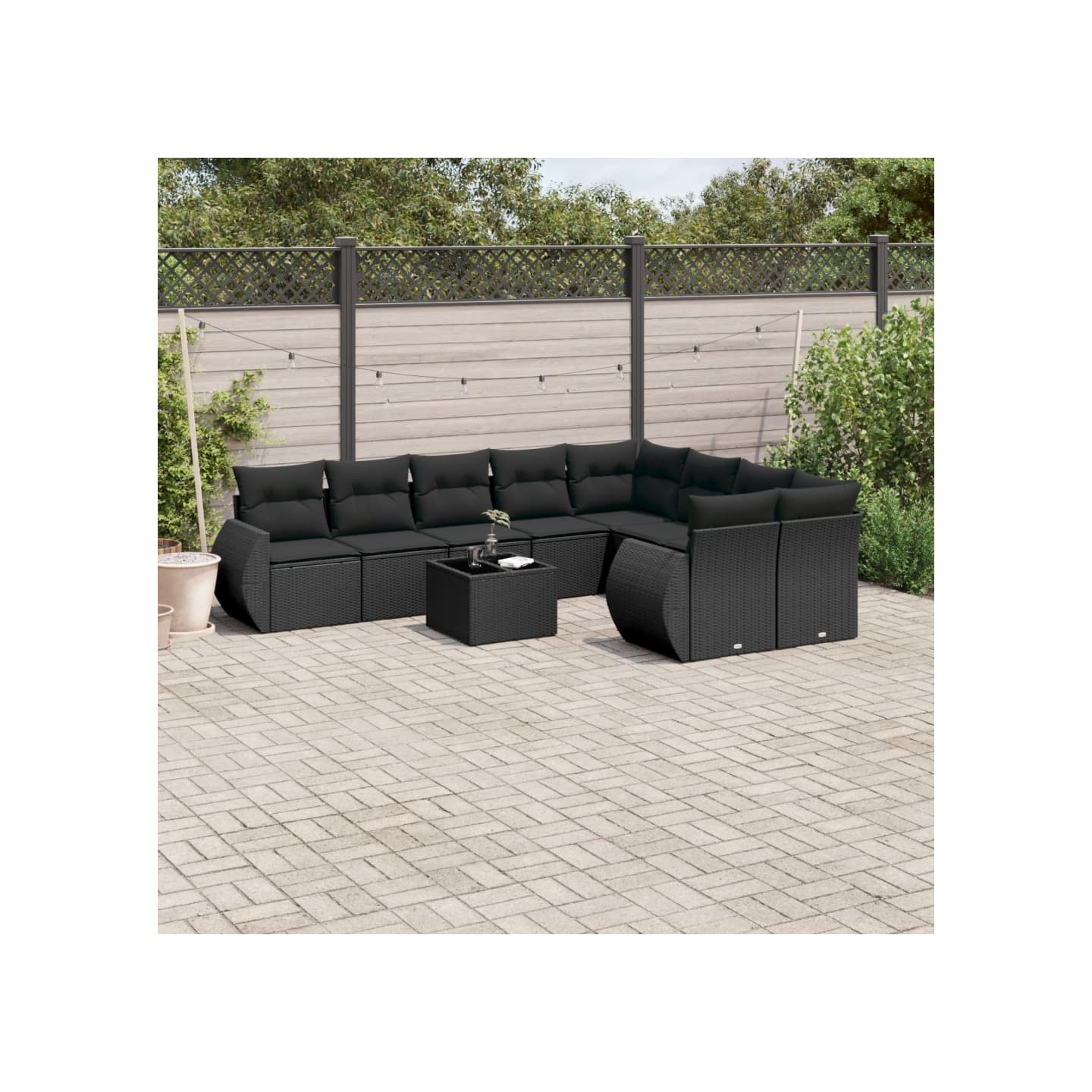Salon de jardin 10 pcs avec coussins noir résine tressée