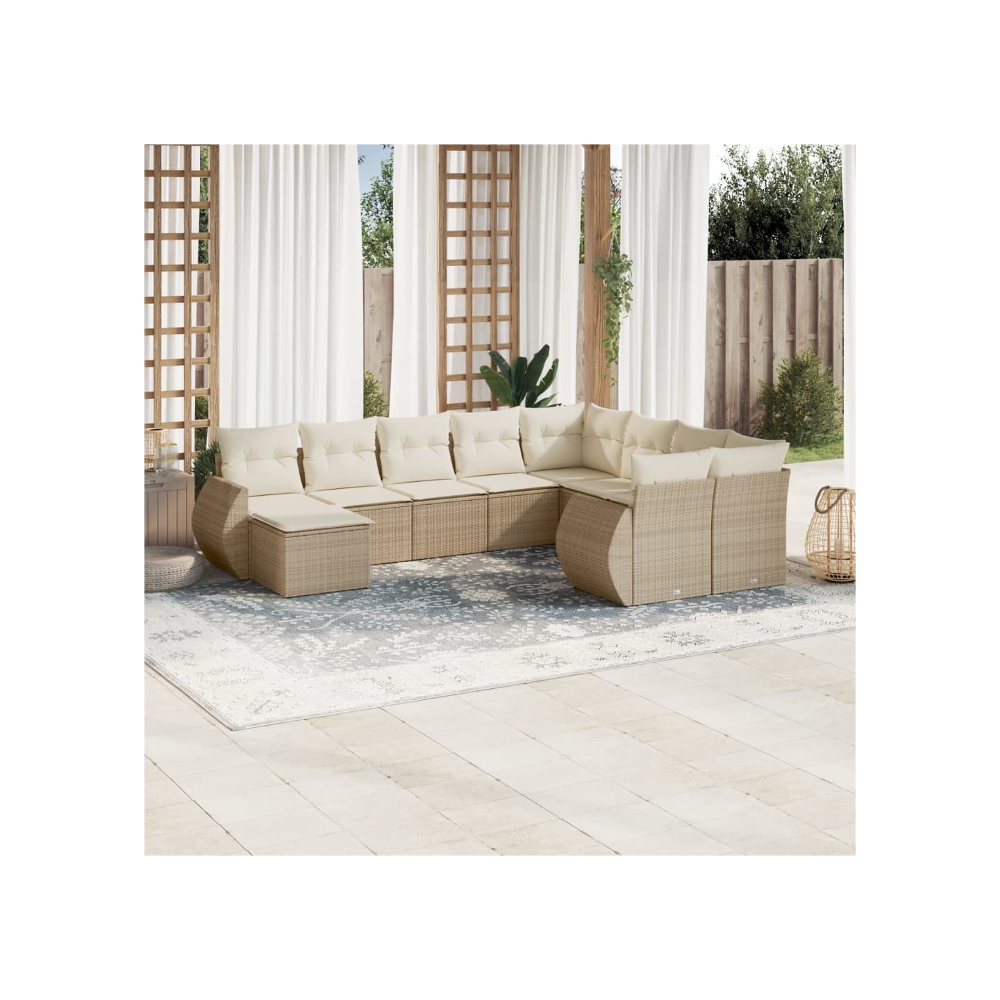 Salon de jardin avec coussins 10 pcs beige résine tressée