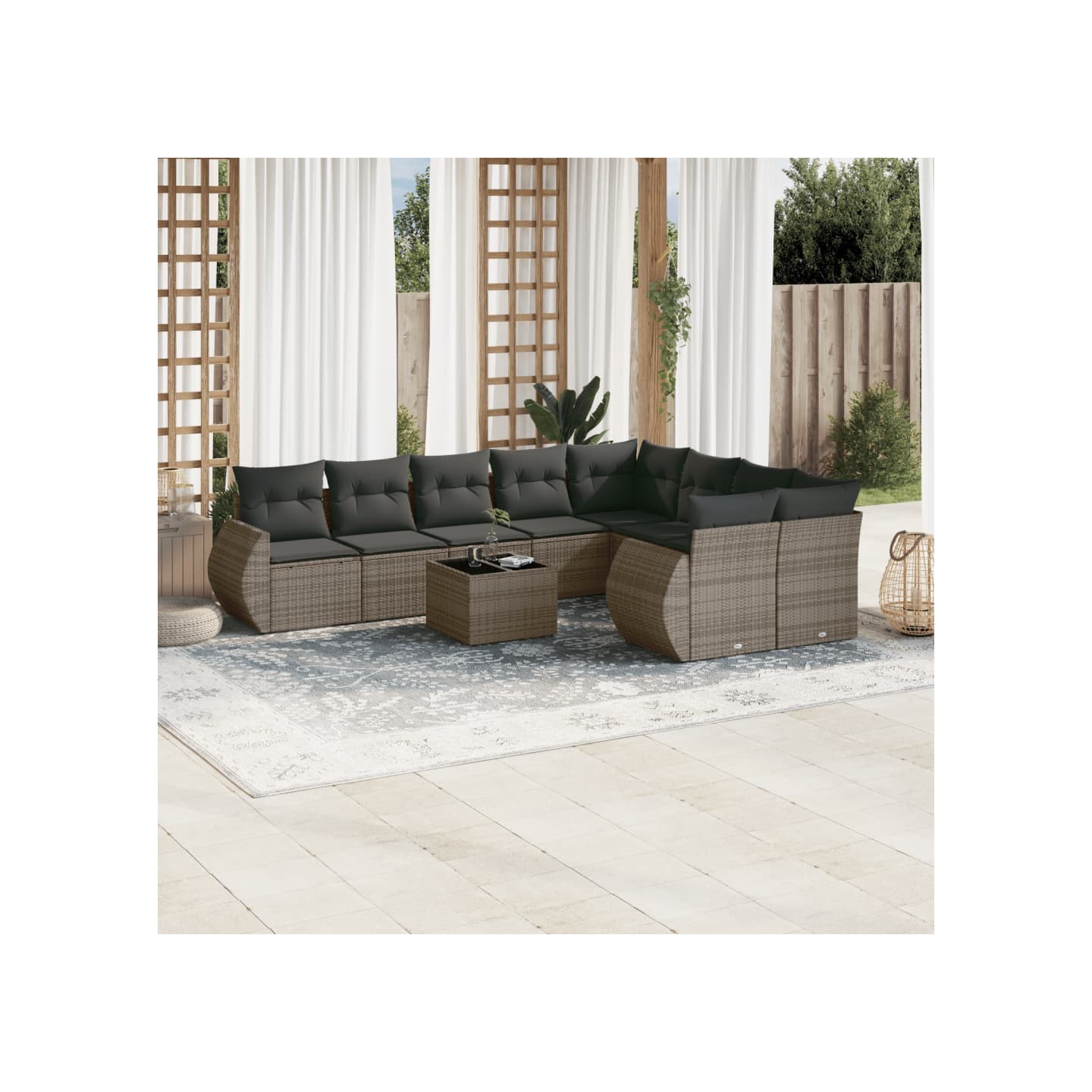 Salon de jardin avec coussins 10 pcs gris résine tressée