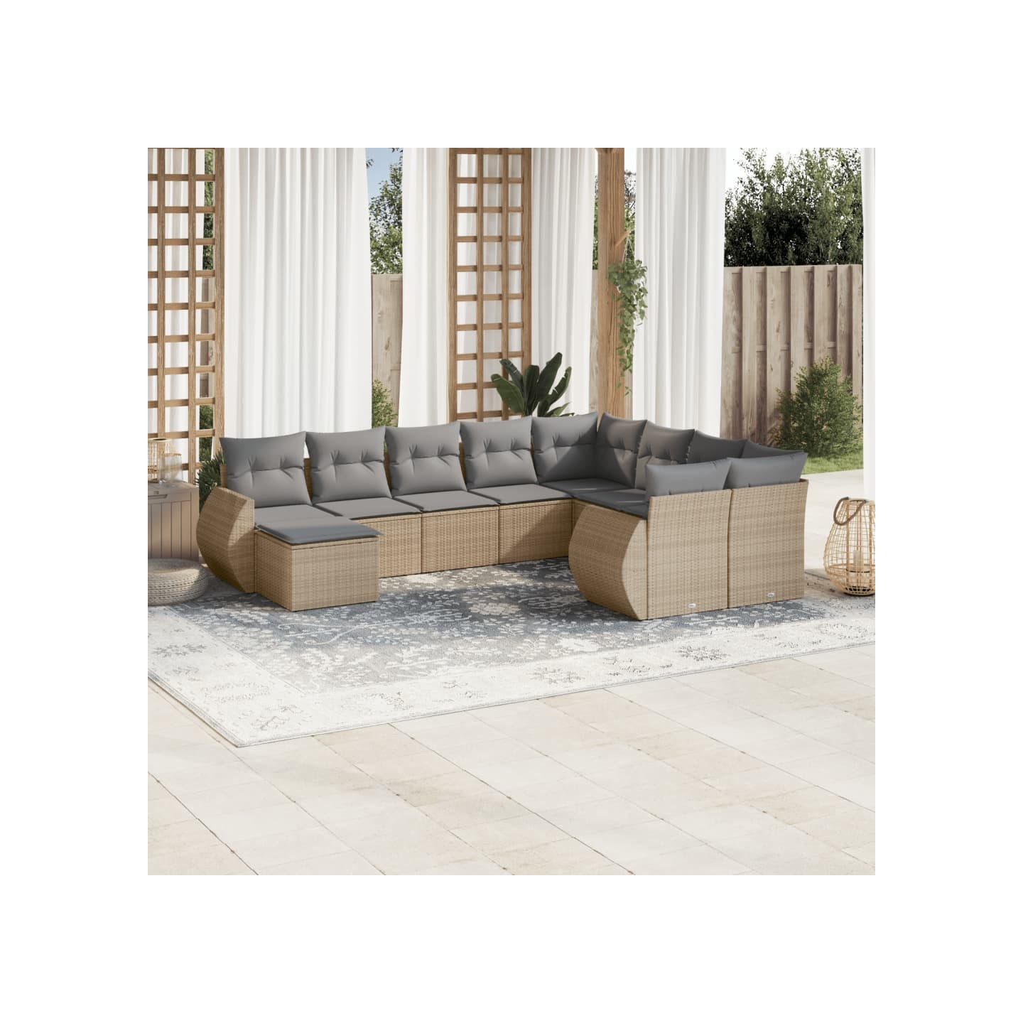 Salon de jardin avec coussins 10 pcs beige résine tressée