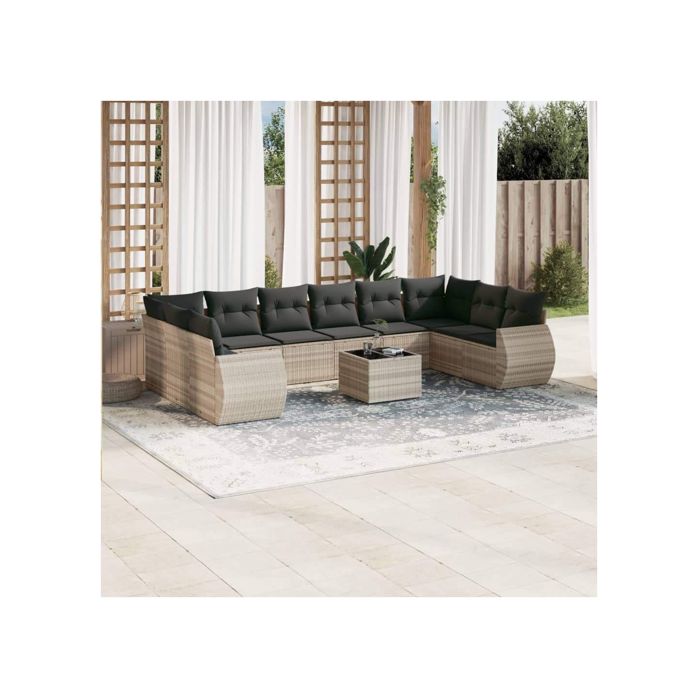 Salon de jardin 11 pcs avec coussins gris clair résine tressée