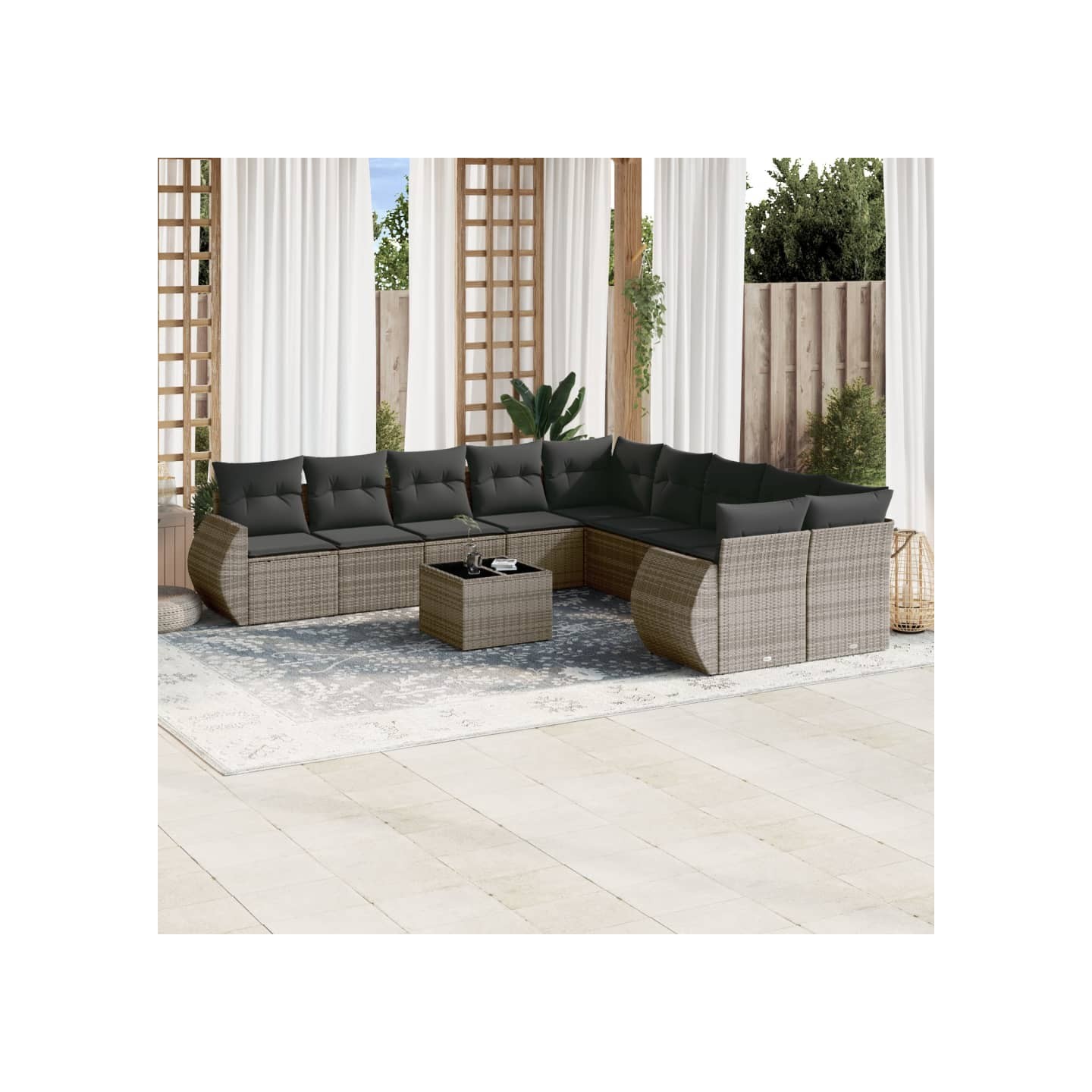 Salon de jardin avec coussins 10 pcs gris résine tressée