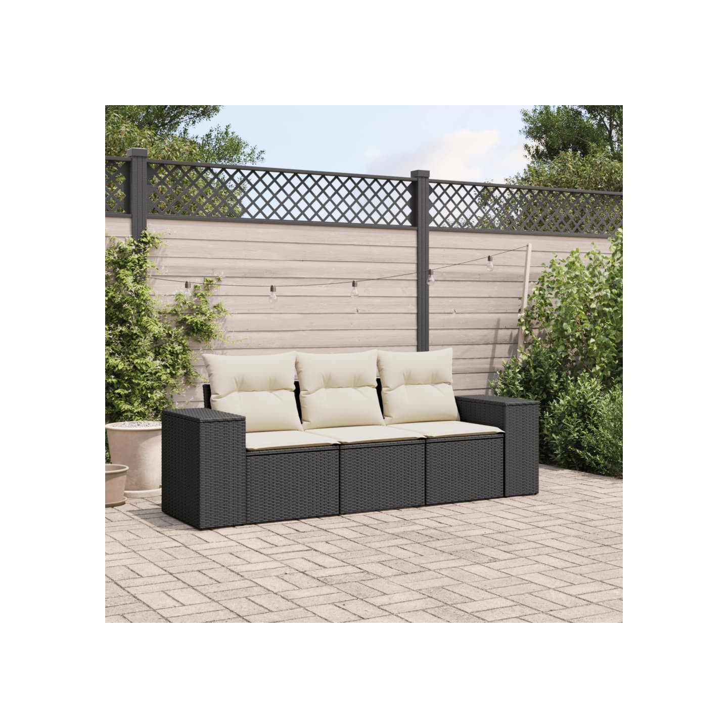Salon de jardin 3 pcs avec coussins noir résine tressée