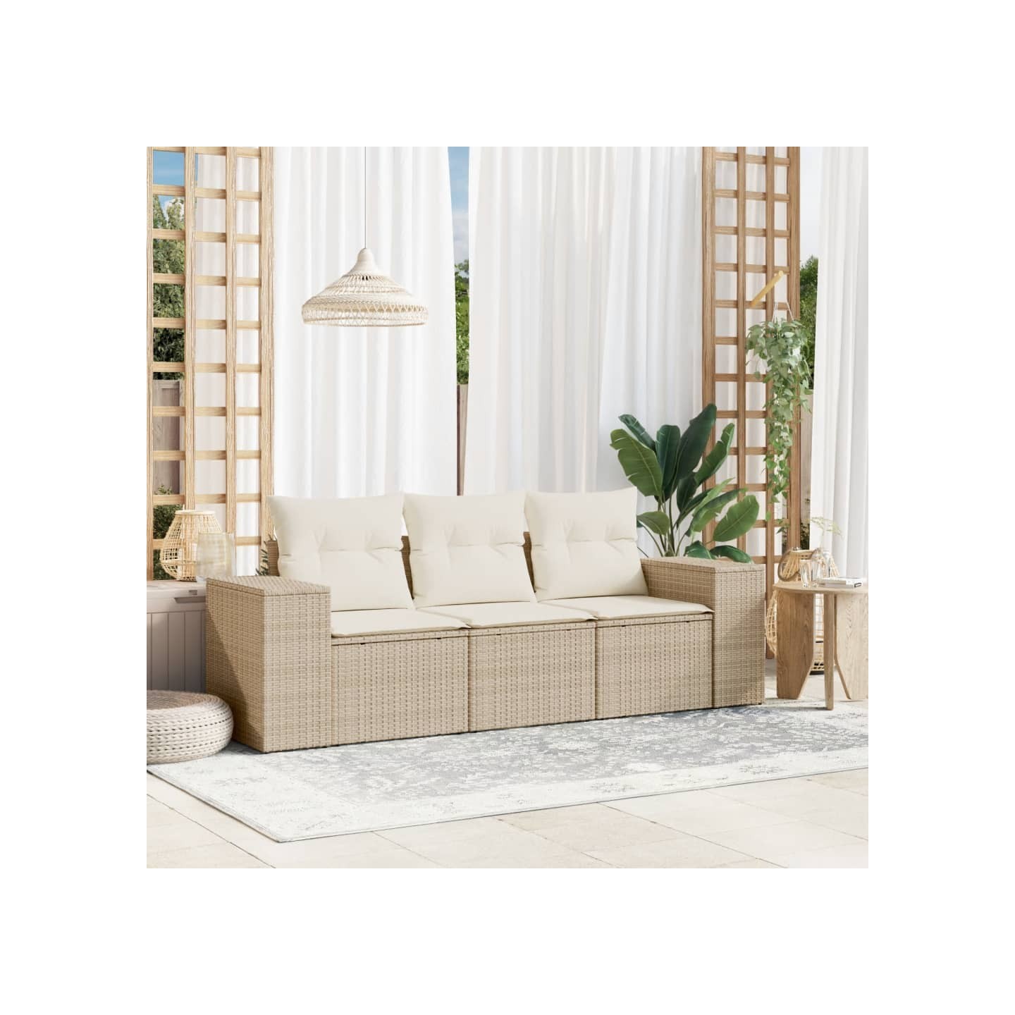 Salon de jardin avec coussins 3 pcs beige résine tressée