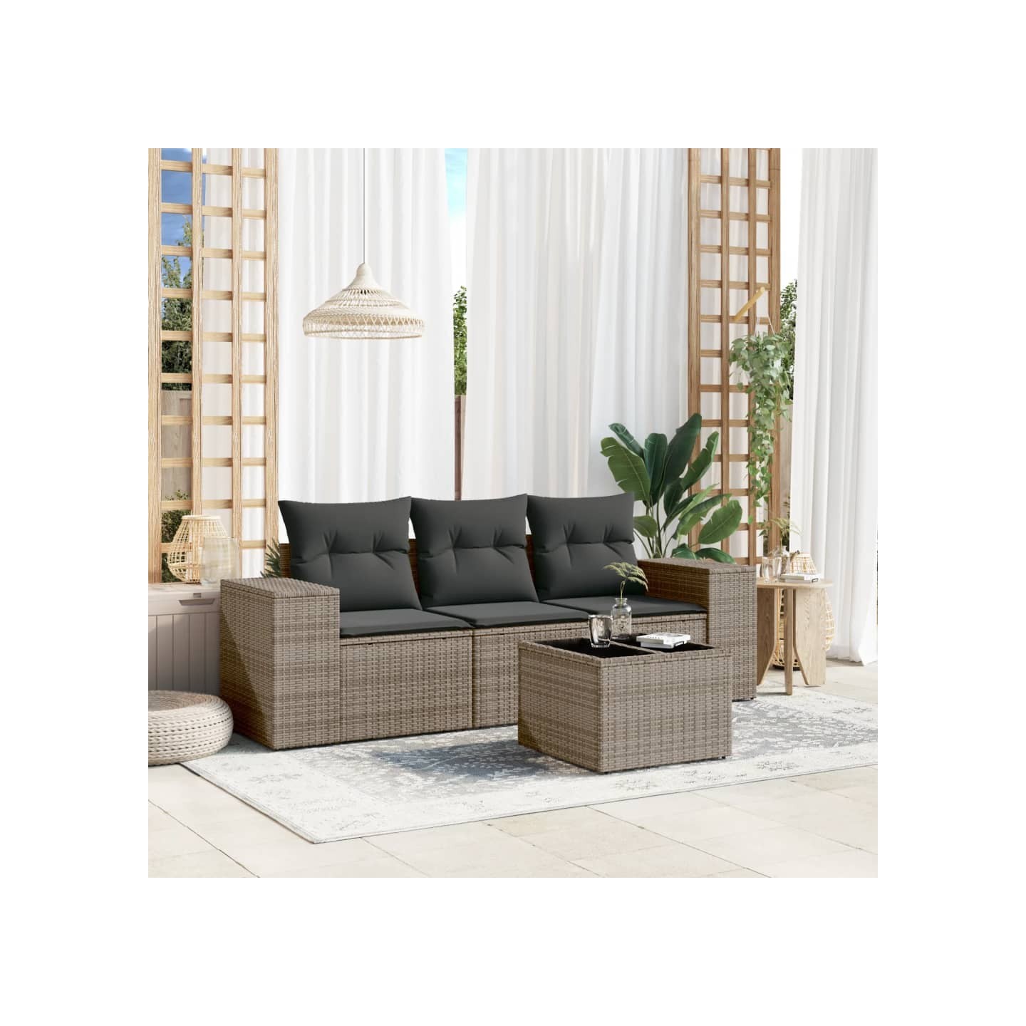 Salon de jardin 4 pcs avec coussins gris résine tressée