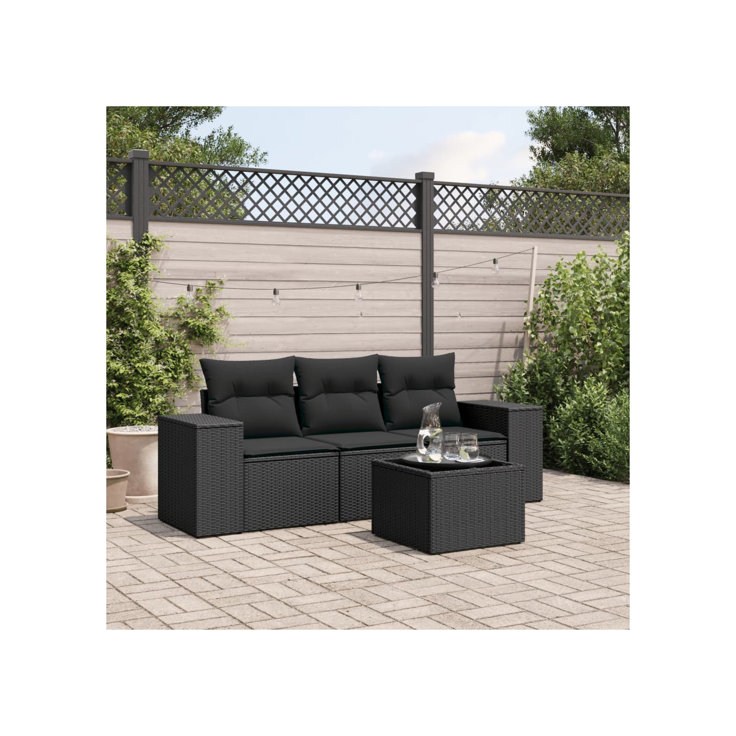 Salon de jardin 4 pcs avec coussins noir résine tressée