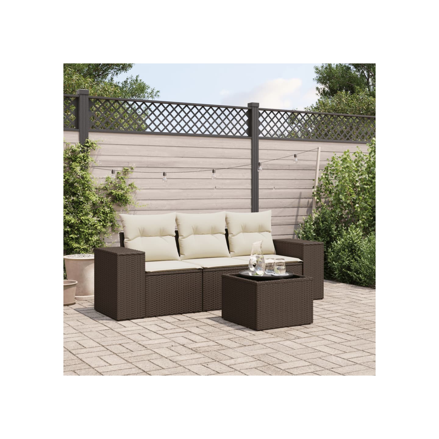 Salon de jardin 4 pcs avec coussins marron résine tressée