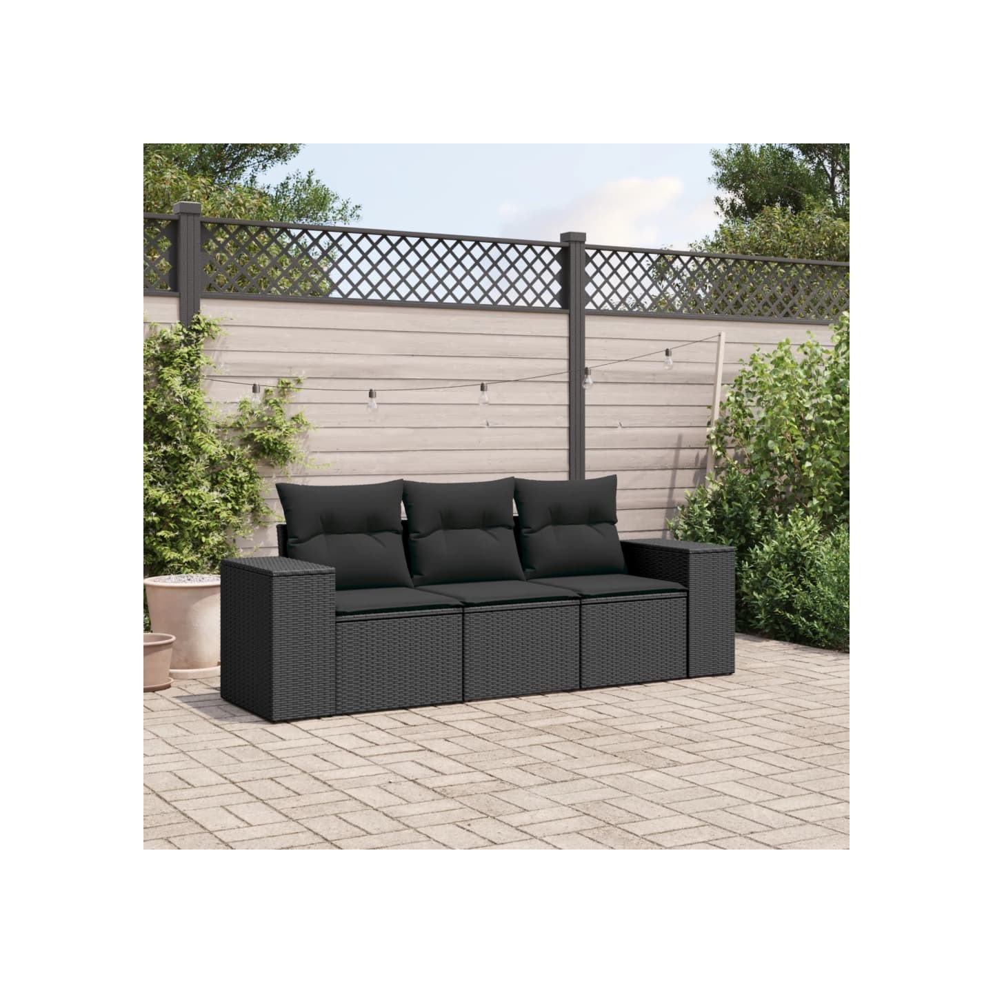 Salon de jardin 3 pcs avec coussins noir résine tressée