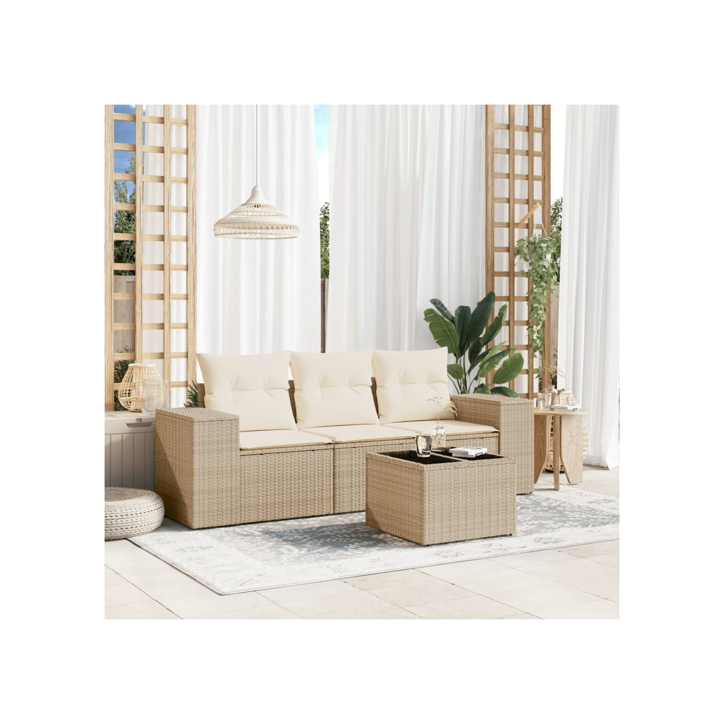 Salon de jardin avec coussins 4 pcs beige résine tressée
