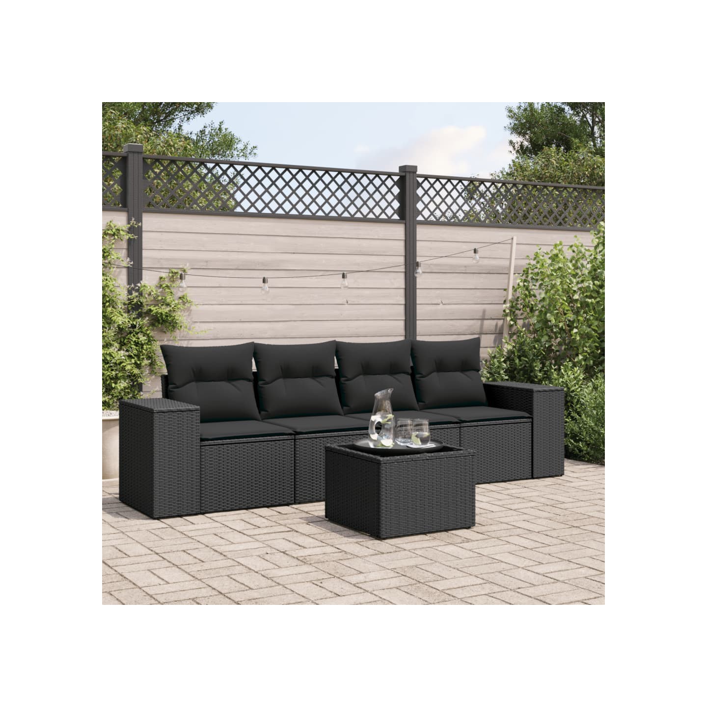 Salon de jardin 5 pcs avec coussins noir résine tressée