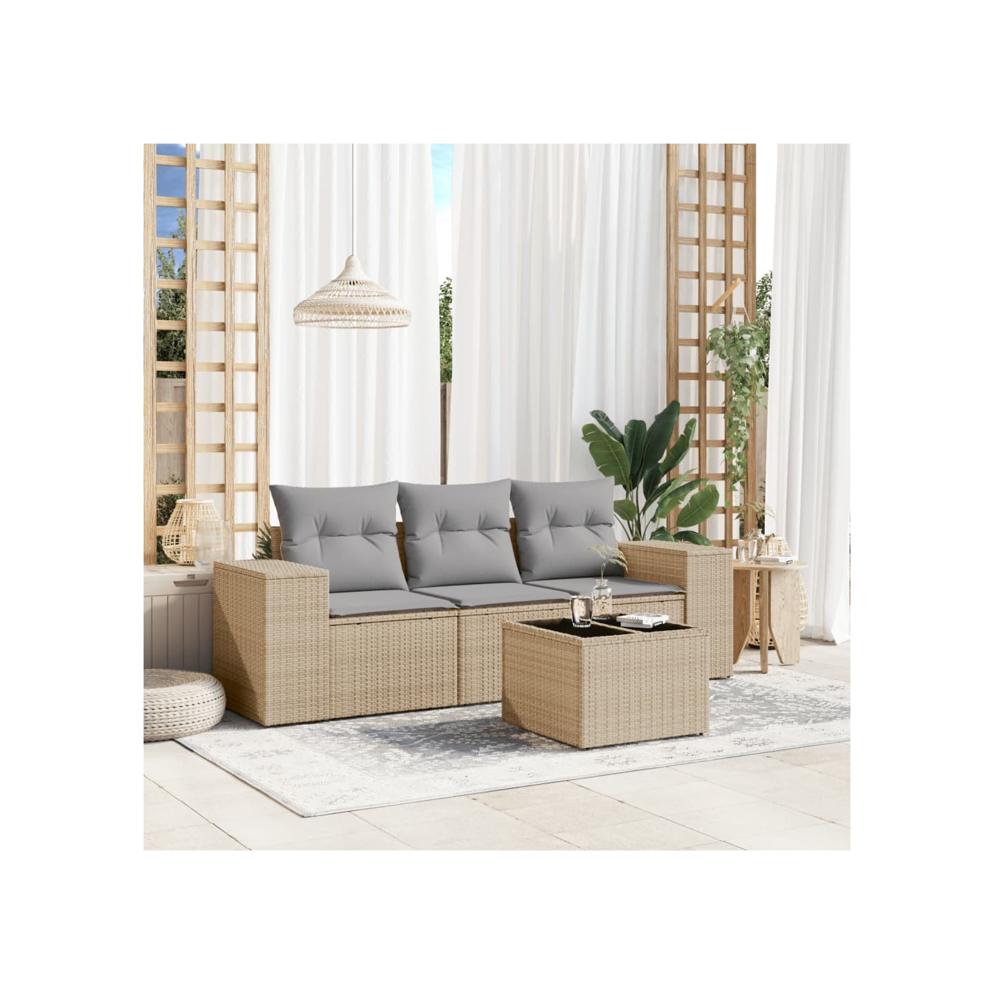 Salon de jardin avec coussins 4 pcs beige résine tressée