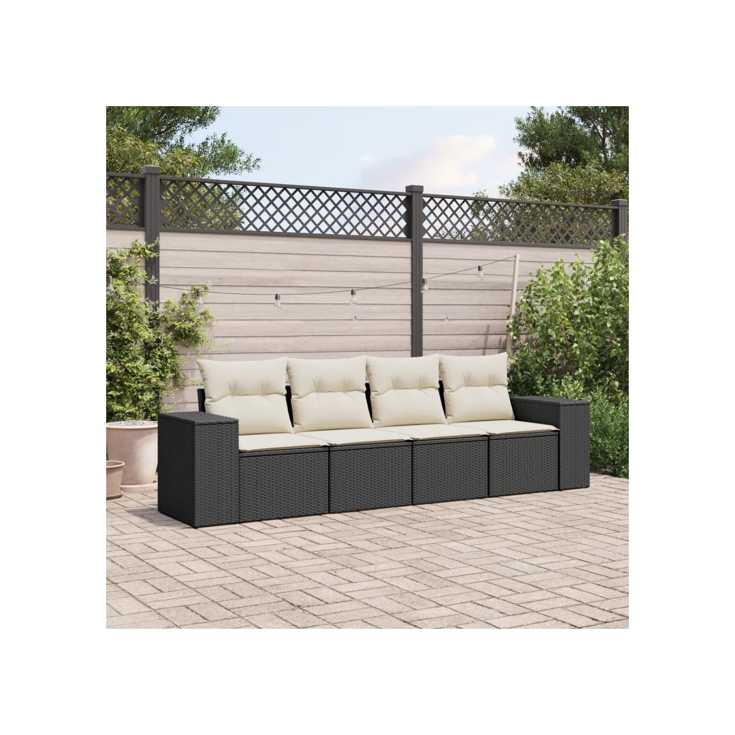 Salon de jardin 4 pcs avec coussins noir résine tressée
