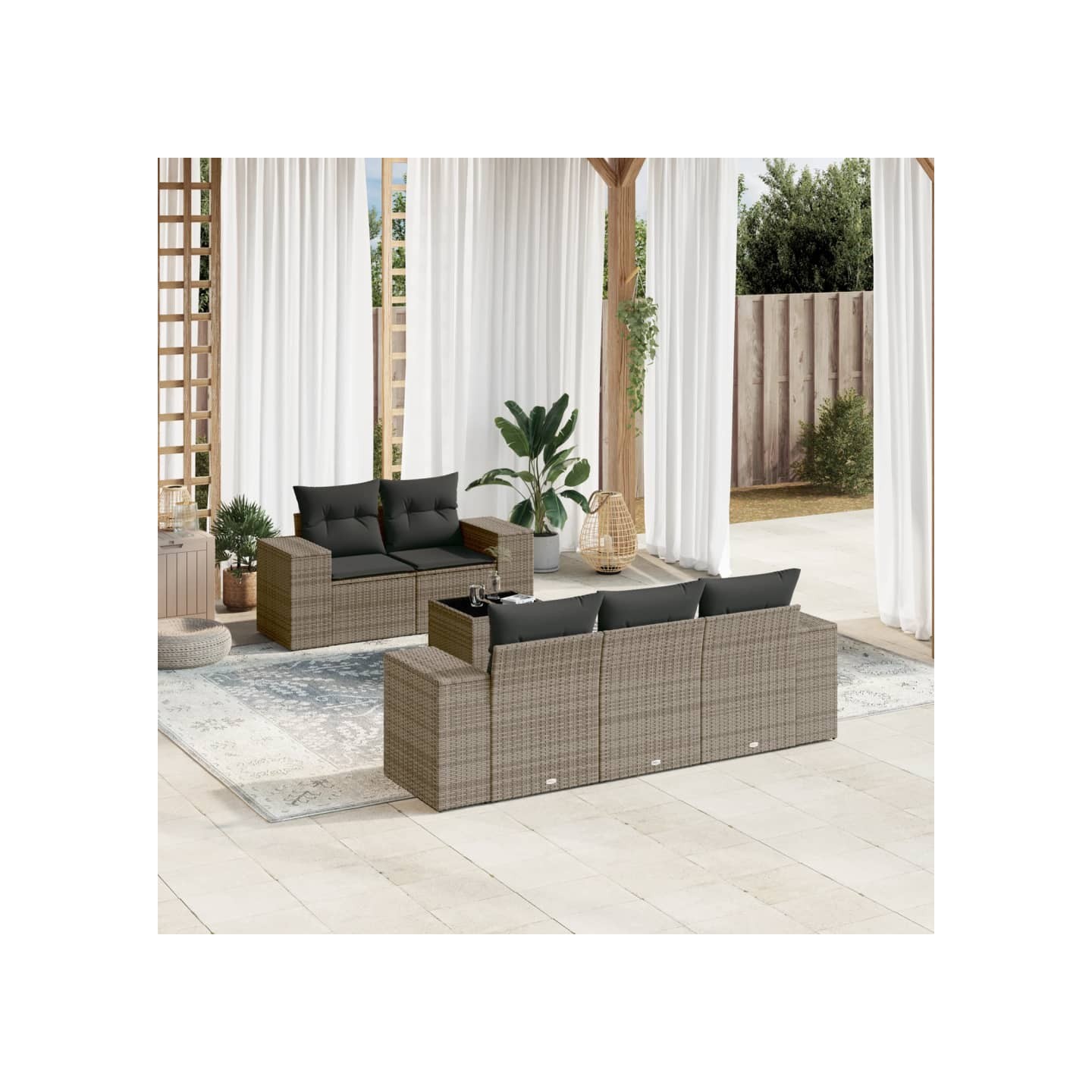 Salon de jardin 6 pcs avec coussins gris résine tressée
