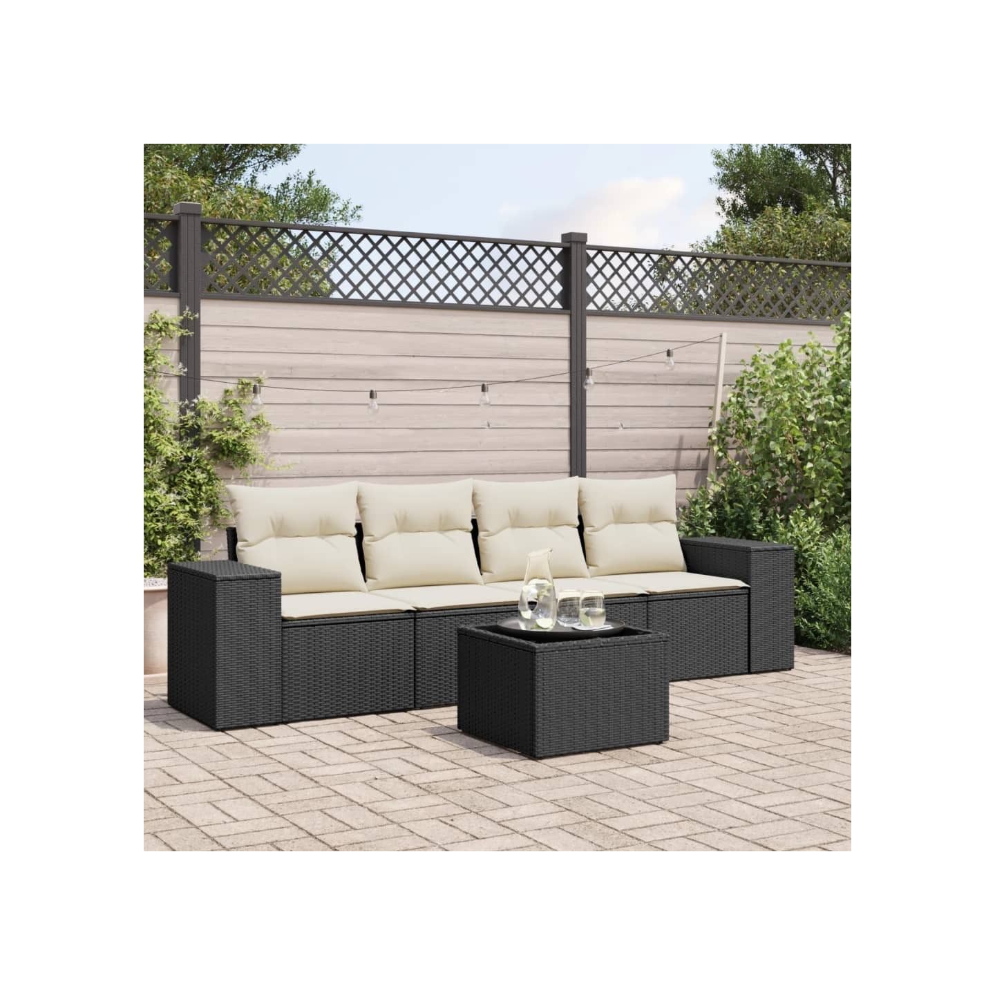 Salon de jardin 5 pcs avec coussins noir résine tressée