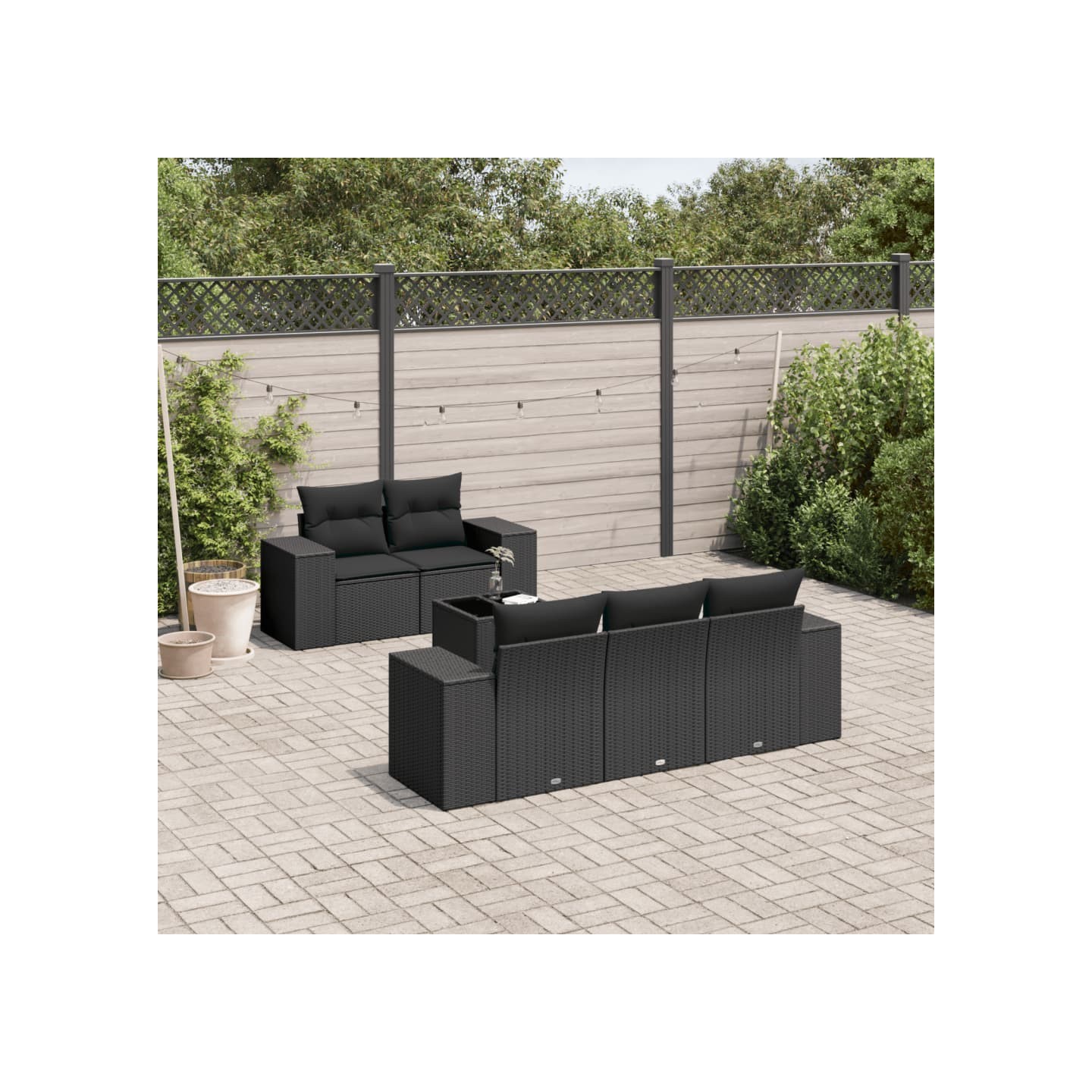 Salon de jardin 6 pcs avec coussins noir résine tressée