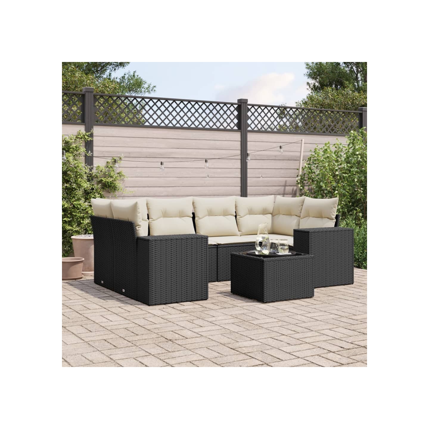 Salon de jardin 7 pcs avec coussins noir résine tressée