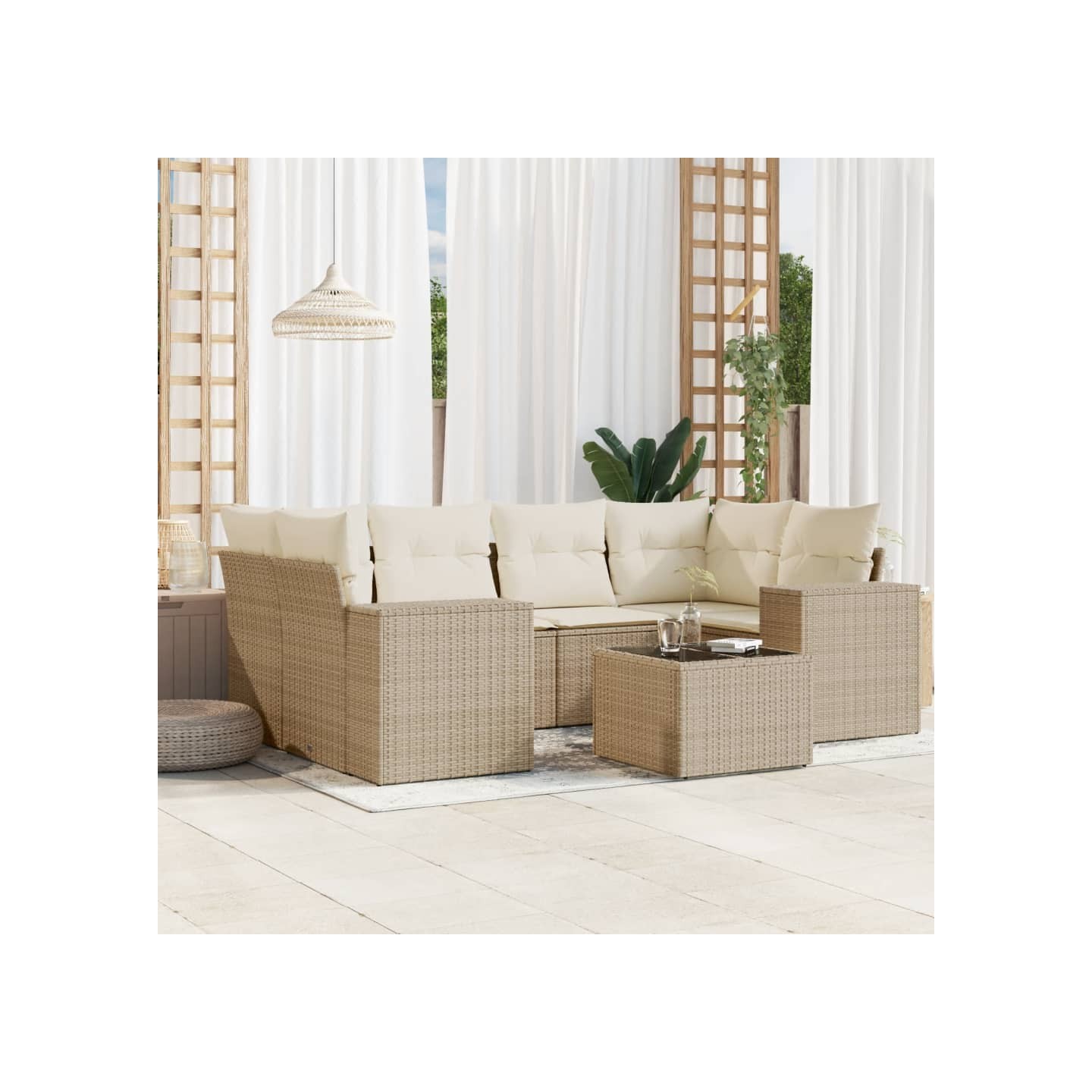 Salon de jardin avec coussins 7 pcs beige résine tressée
