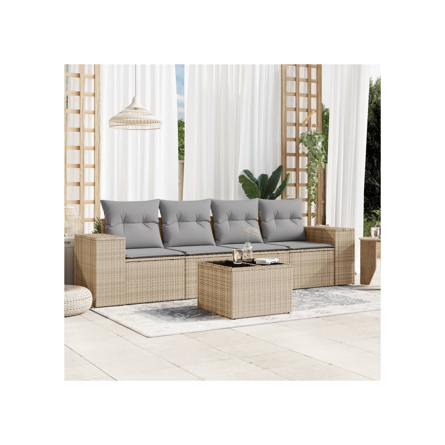 Salon de jardin avec coussins 5 pcs beige résine tressée