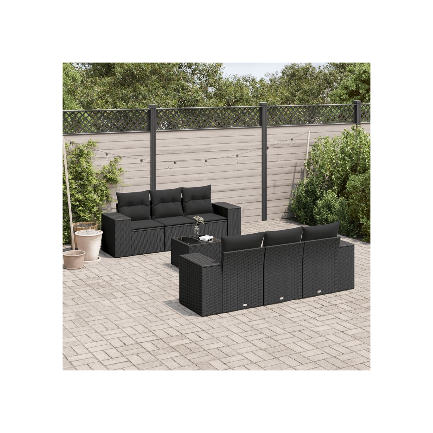 Salon de jardin 7 pcs avec coussins noir résine tressée