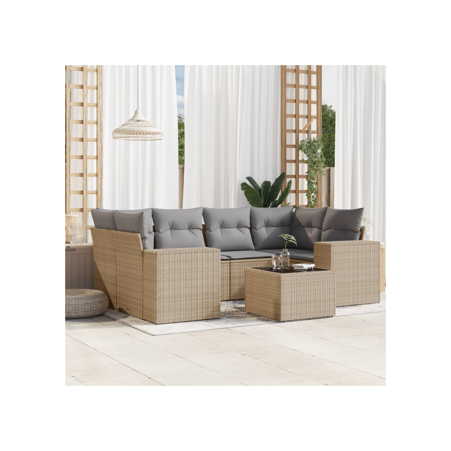Salon de jardin avec coussins 7 pcs beige résine tressée