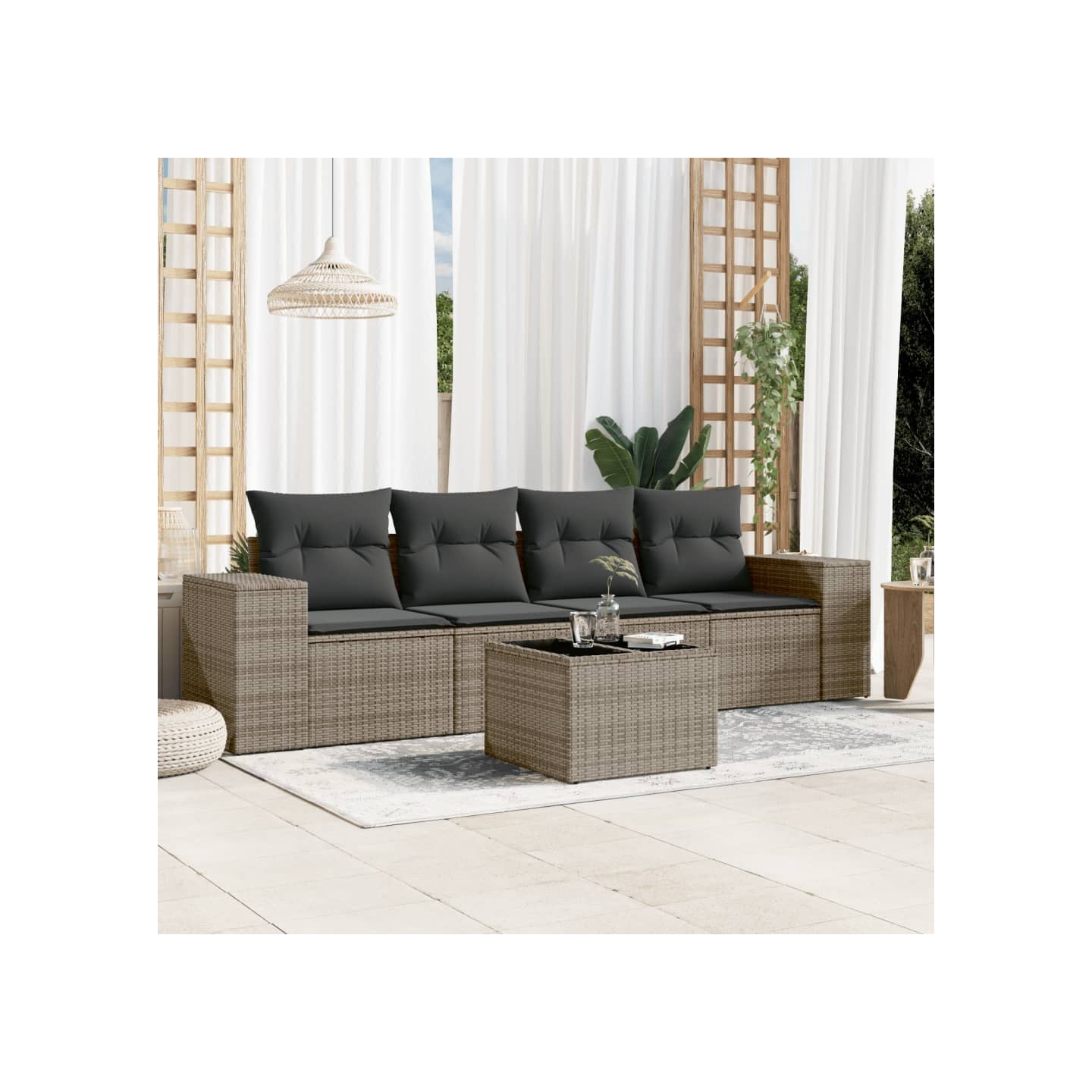 Salon de jardin 5 pcs avec coussins gris résine tressée