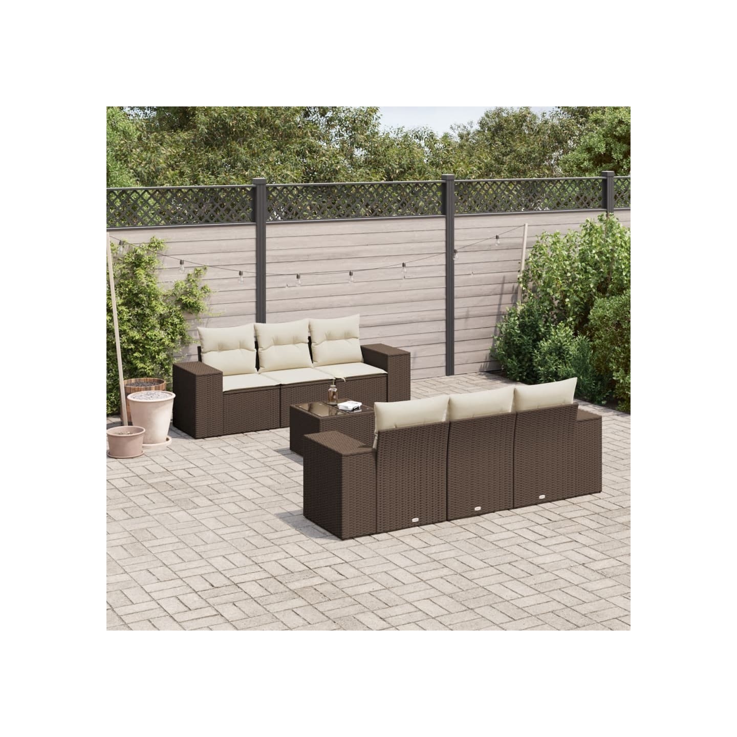 Salon de jardin avec coussins 7 pcs marron résine tressée
