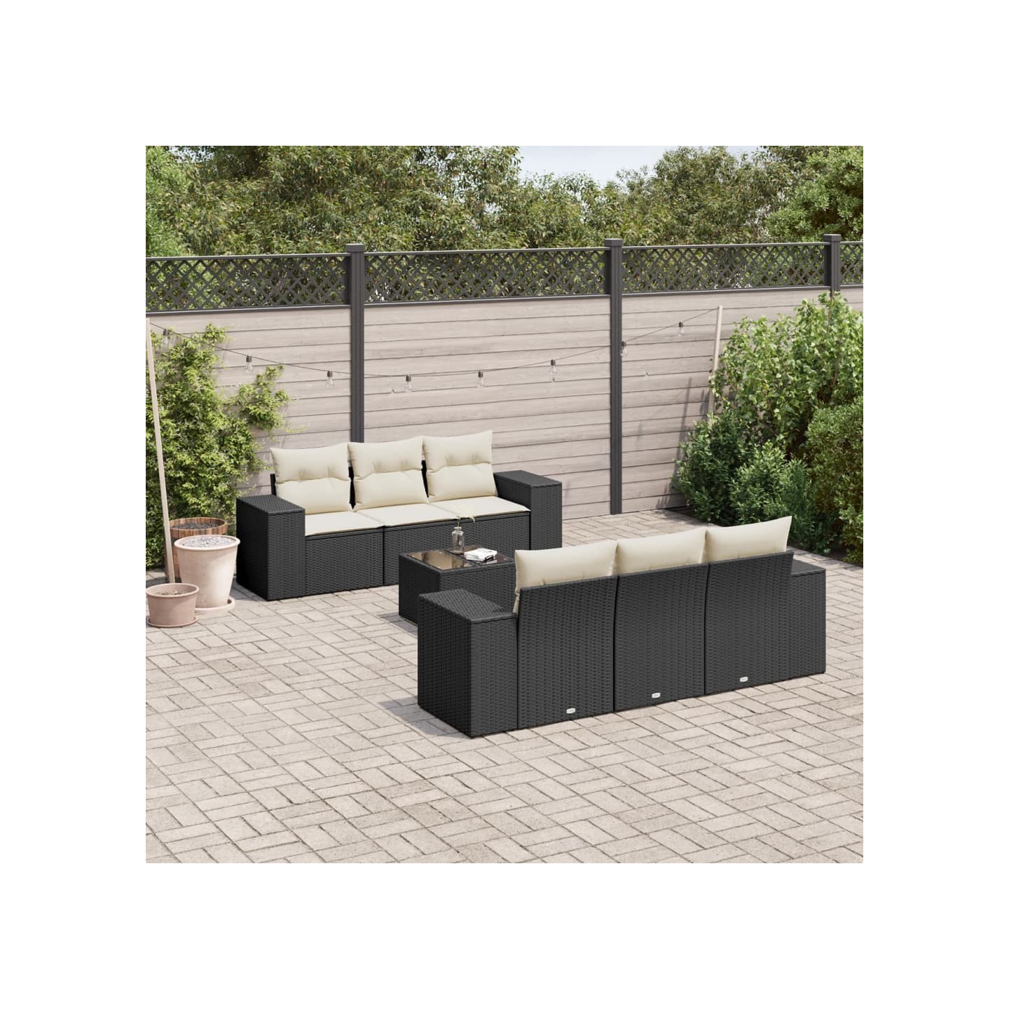 Salon de jardin 7 pcs avec coussins noir résine tressée