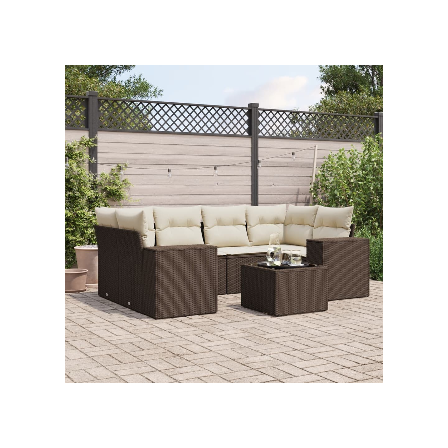 Salon de jardin avec coussins 7 pcs marron résine tressée