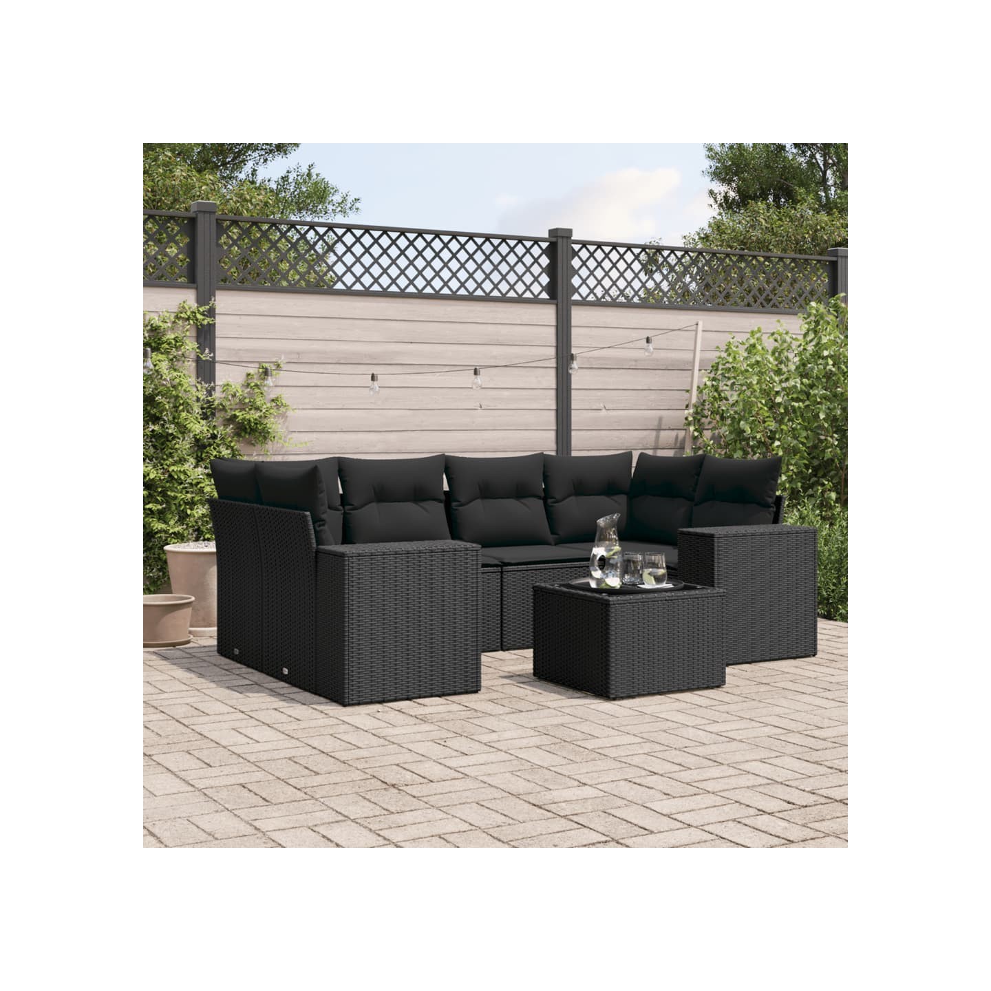 Salon de jardin 7 pcs avec coussins noir résine tressée