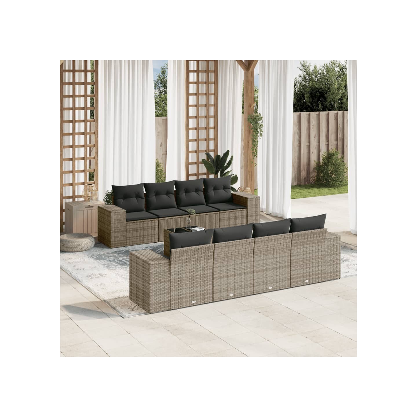 Salon de jardin 9 pcs avec coussins gris résine tressée