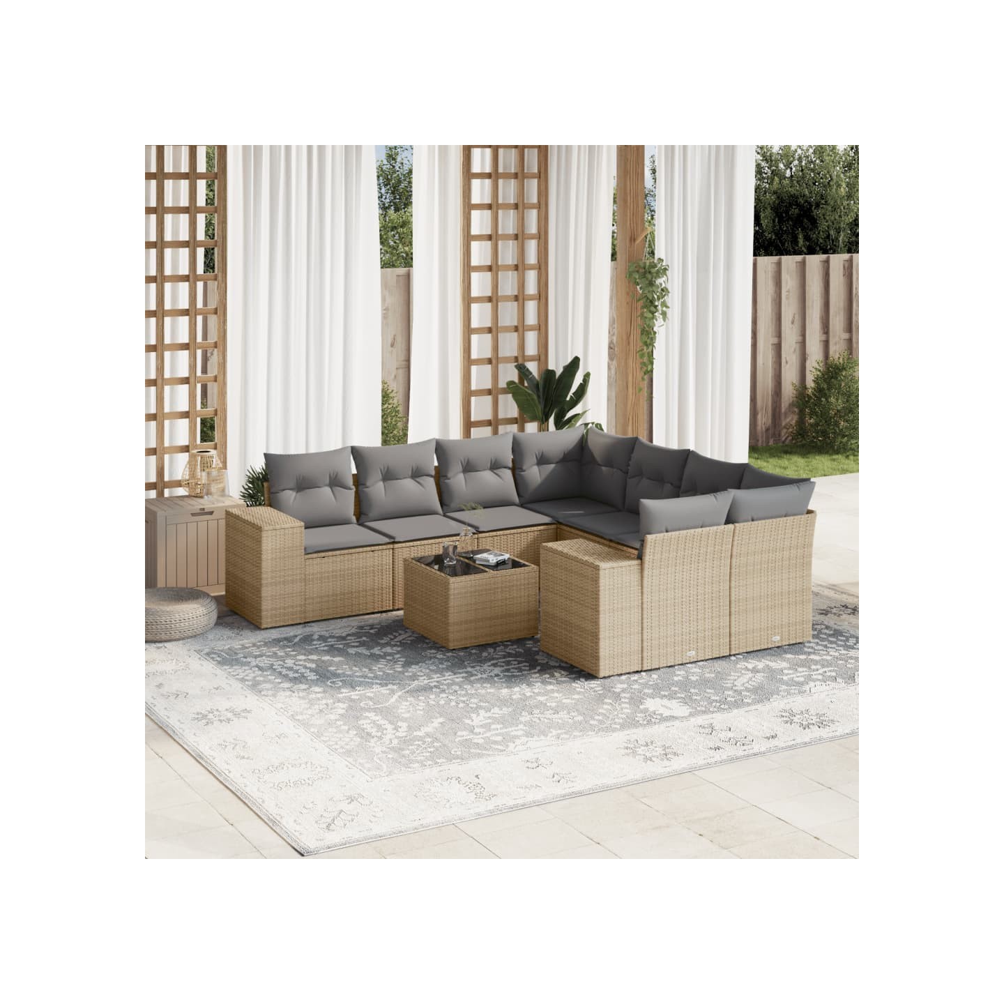 Salon de jardin avec coussins 9 pcs beige résine tressée