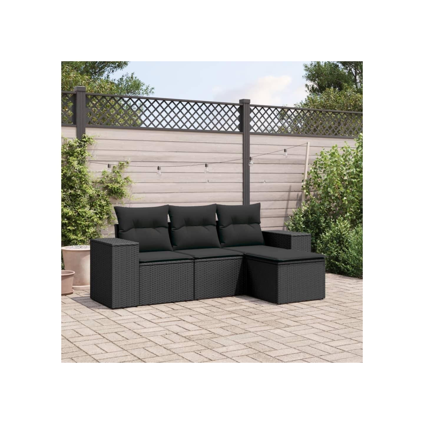Salon de jardin 4 pcs avec coussins noir résine tressée