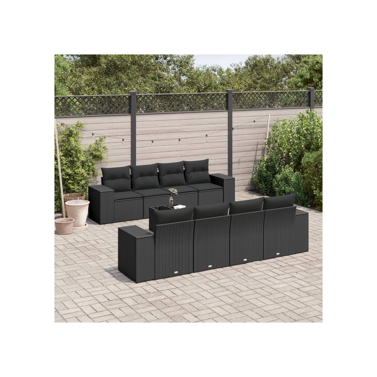 Salon de jardin 9 pcs avec coussins noir résine tressée
