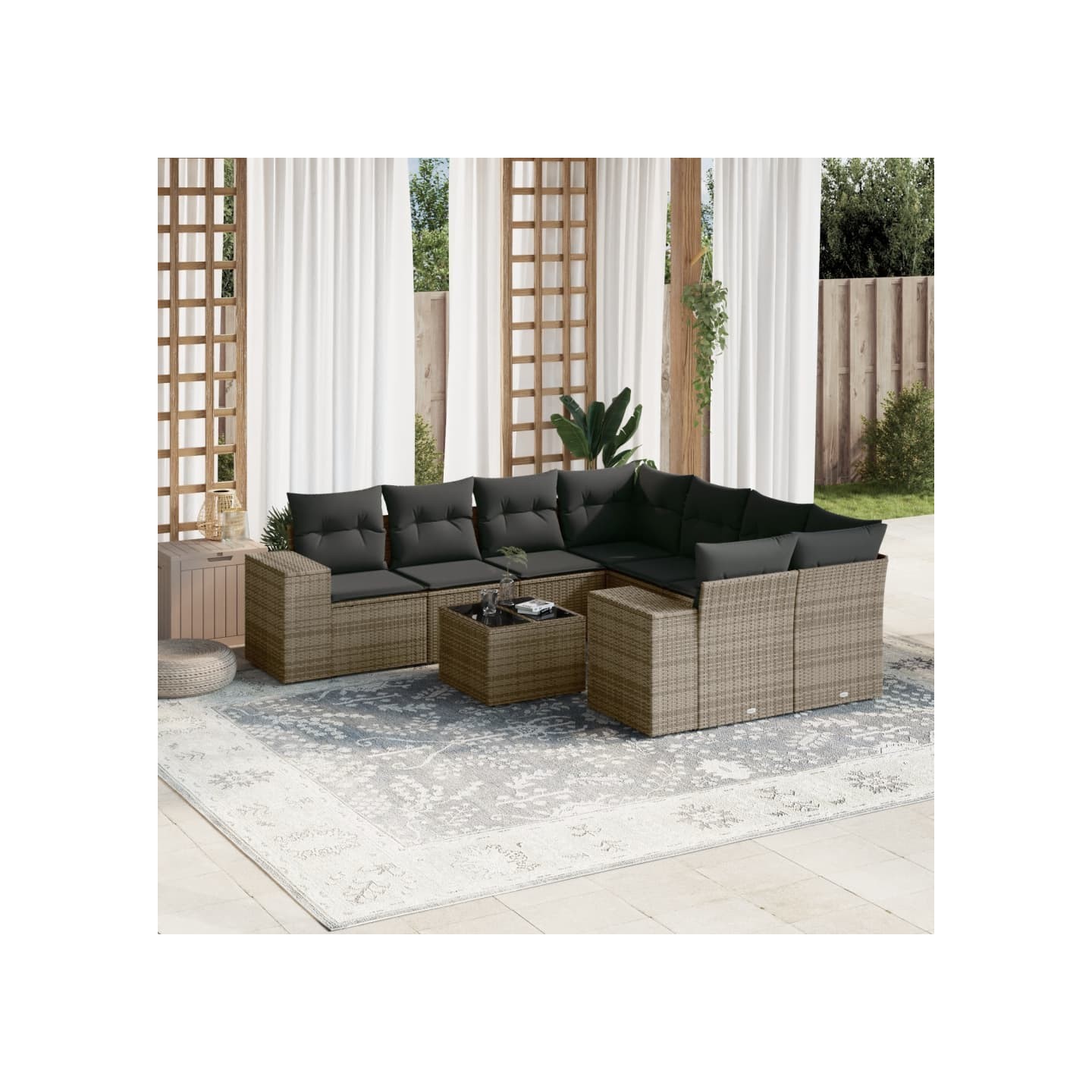 Salon de jardin 9 pcs avec coussins gris résine tressée