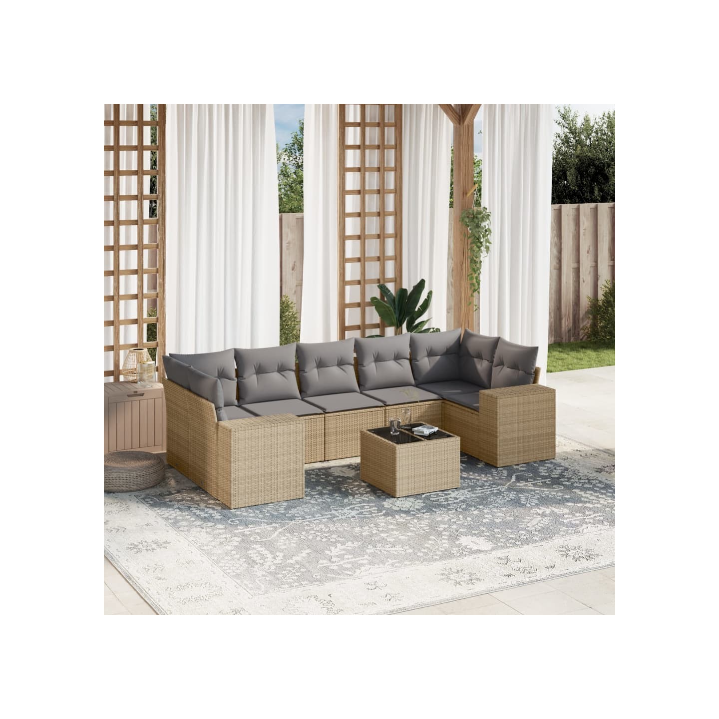 Salon de jardin avec coussins 8 pcs beige résine tressée