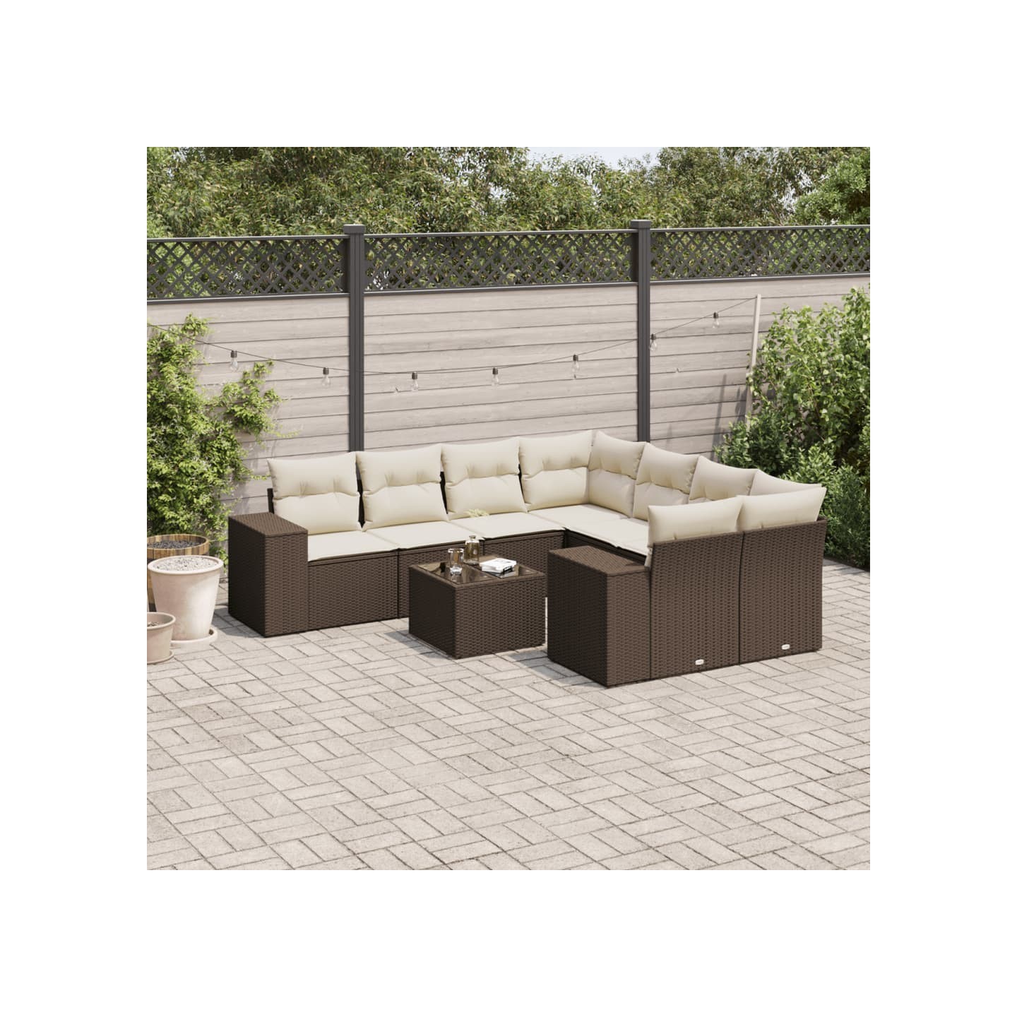 Salon de jardin avec coussins 9 pcs marron résine tressée