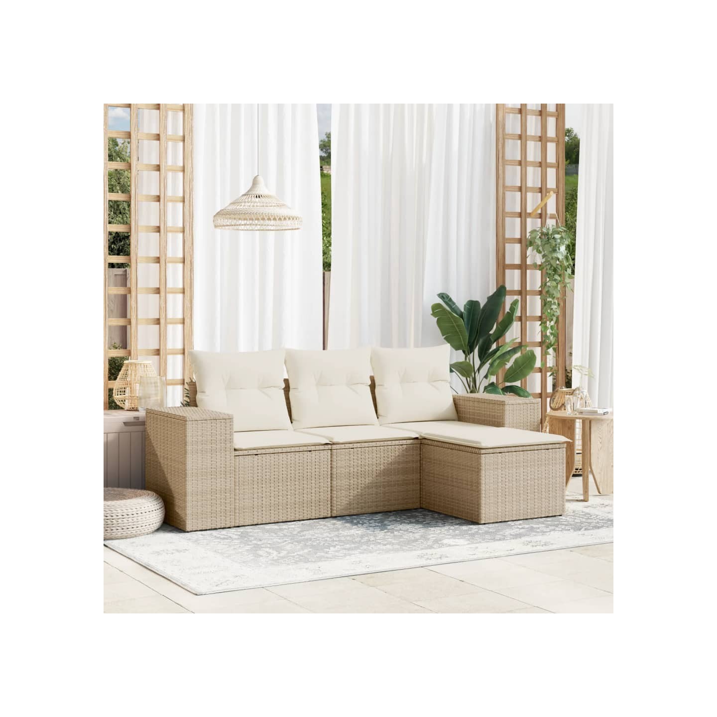 Salon de jardin avec coussins 4 pcs beige résine tressée
