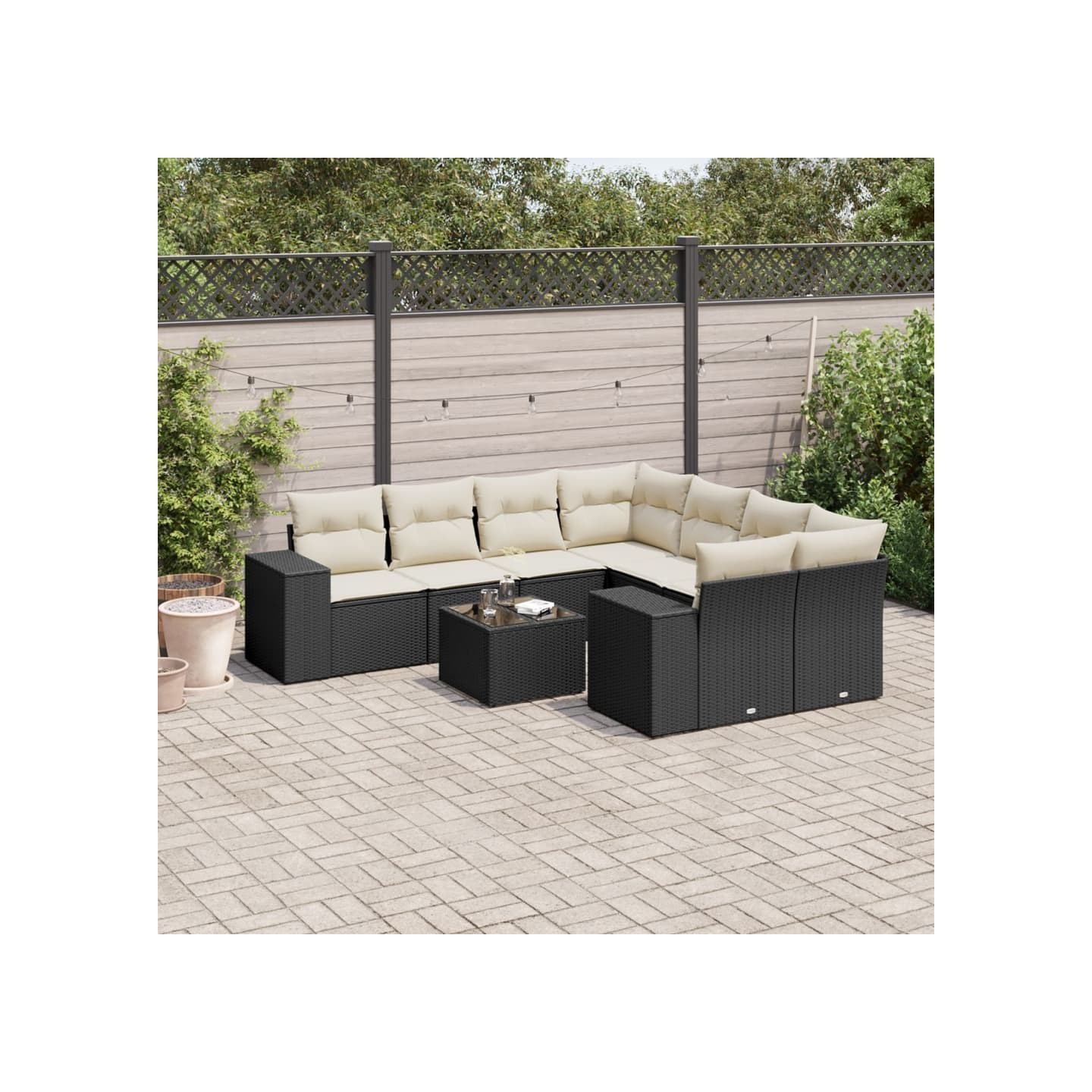 Salon de jardin 9 pcs avec coussins noir résine tressée
