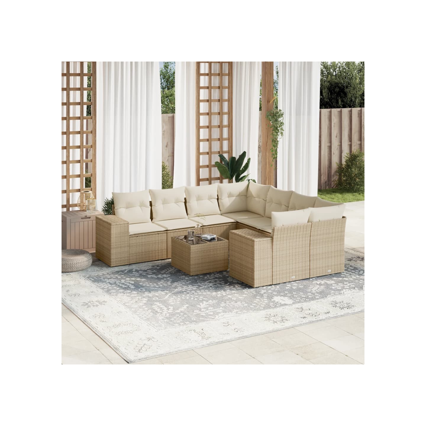 Salon de jardin avec coussins 9 pcs beige résine tressée