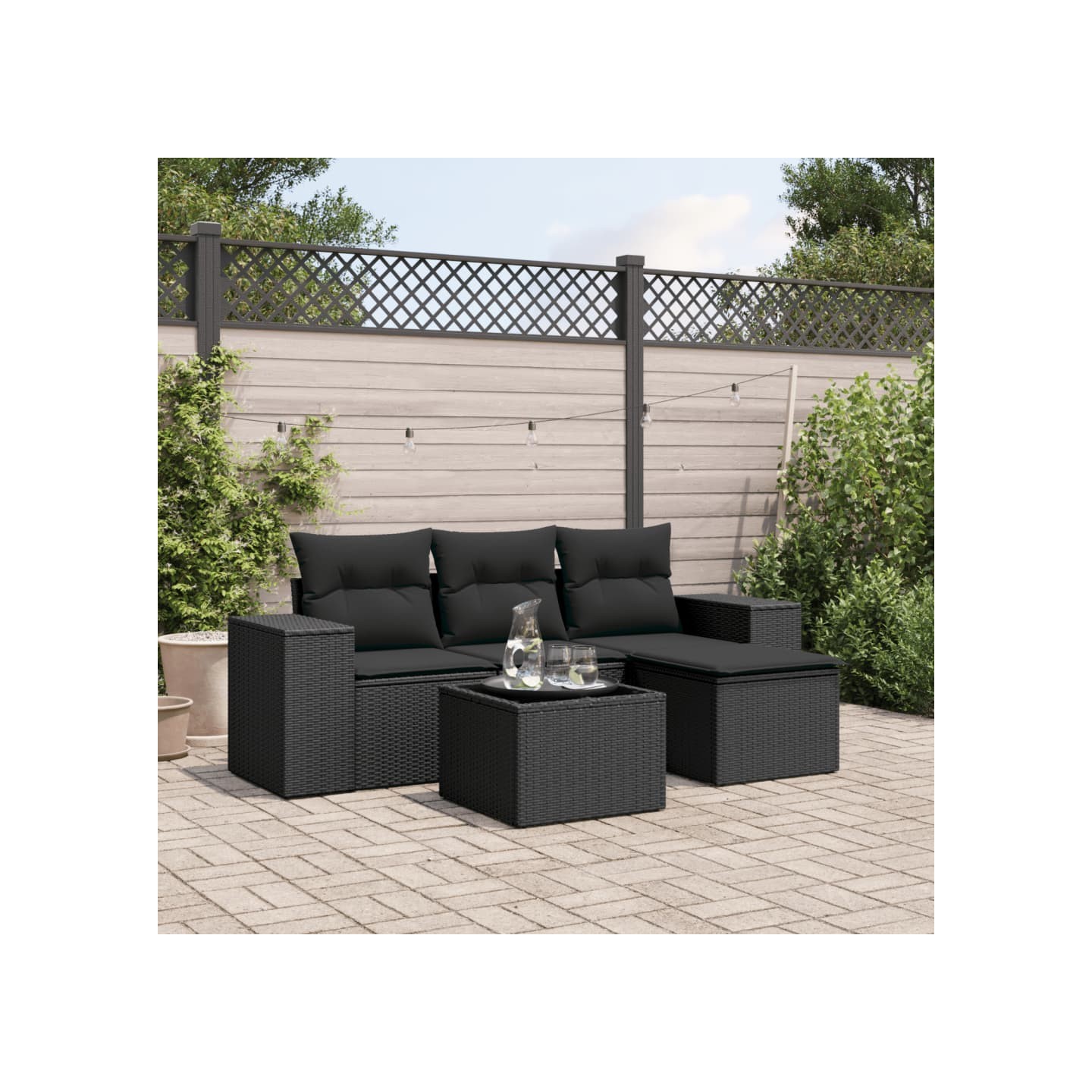 Salon de jardin 5 pcs avec coussins noir résine tressée
