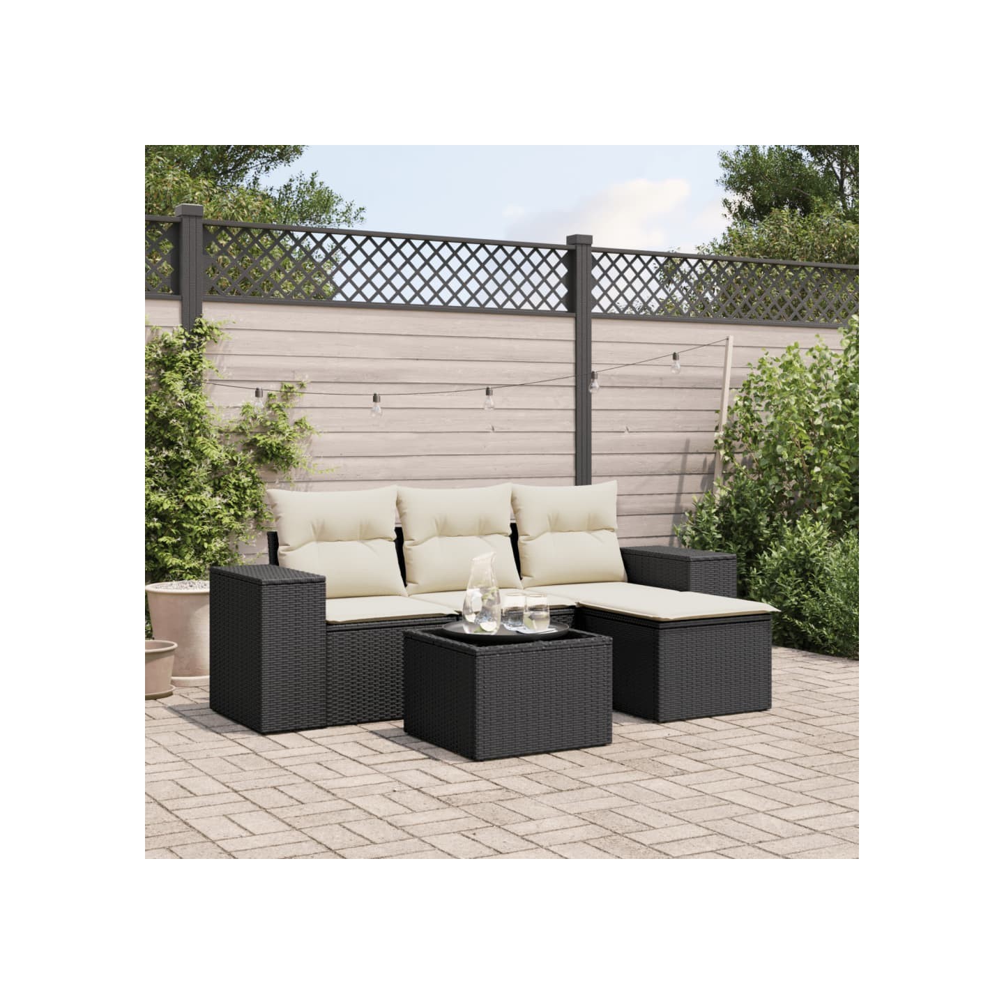 Salon de jardin 5 pcs avec coussins noir résine tressée
